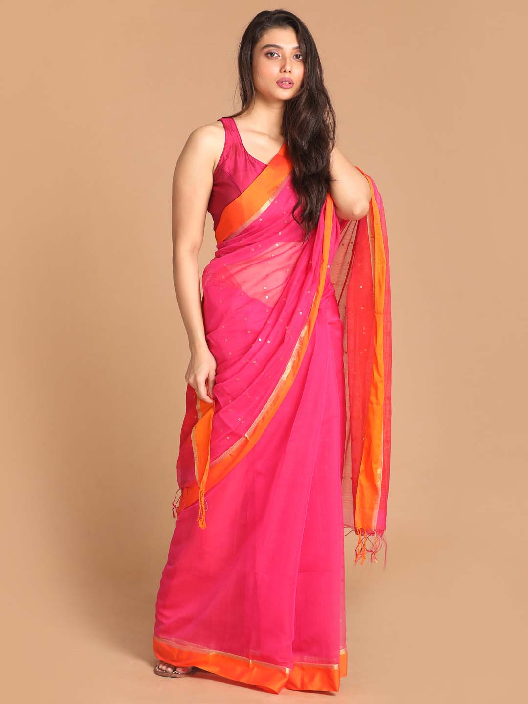Indethnic Pink Bengal Handloom Cotton Blend Work Saree - View 1