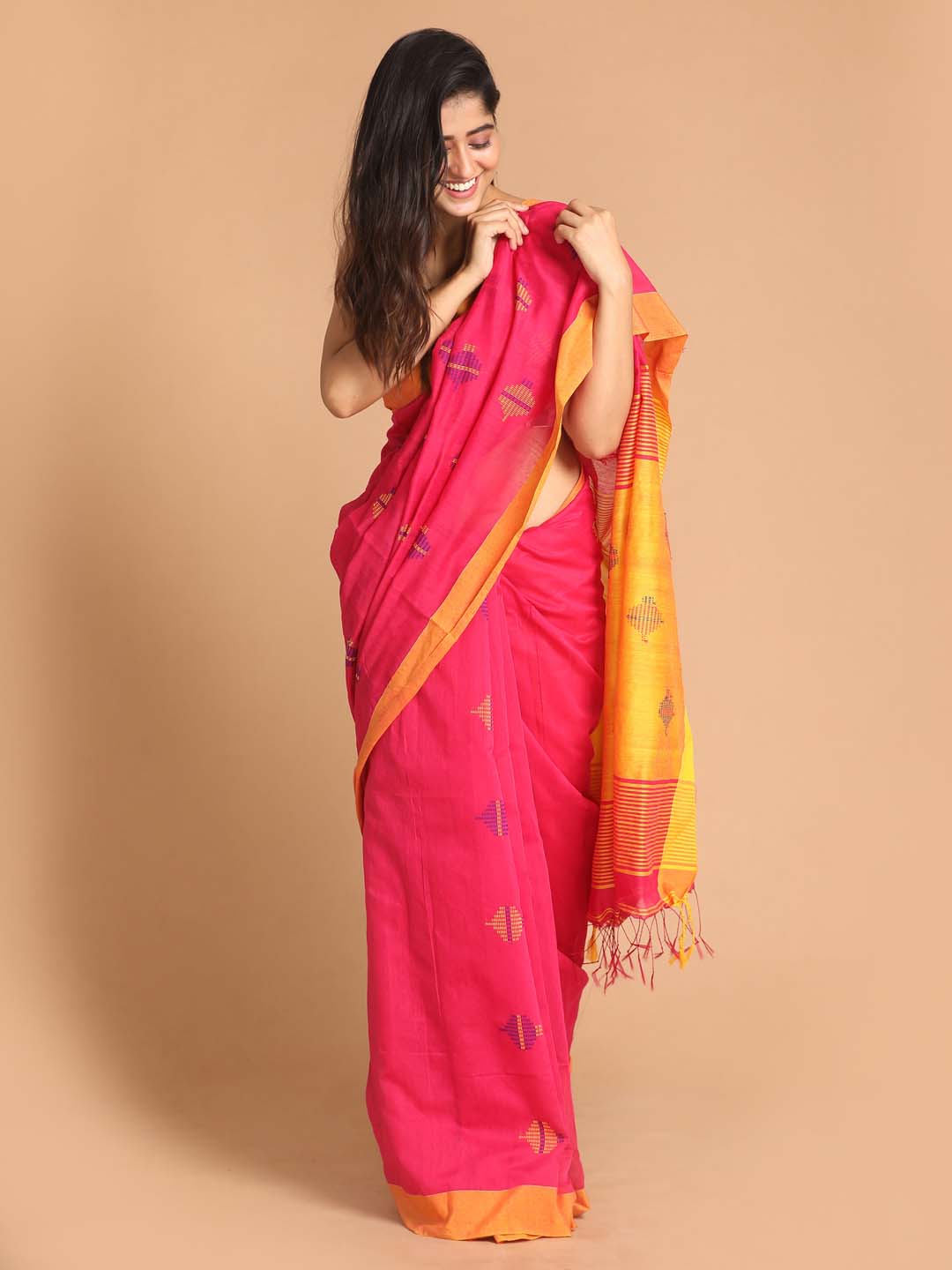 Indethnic Pink Bengal Handloom Cotton Blend Work Saree - View 1