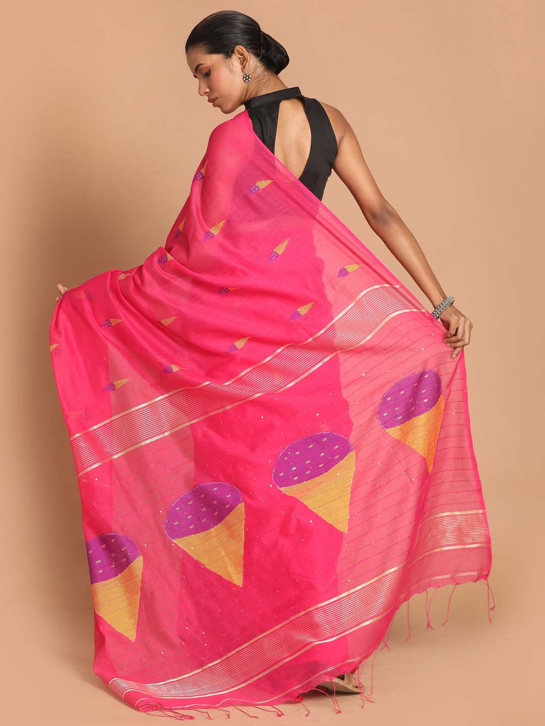 Indethnic Pink Bengal Handloom Cotton Blend Work Saree - View 3