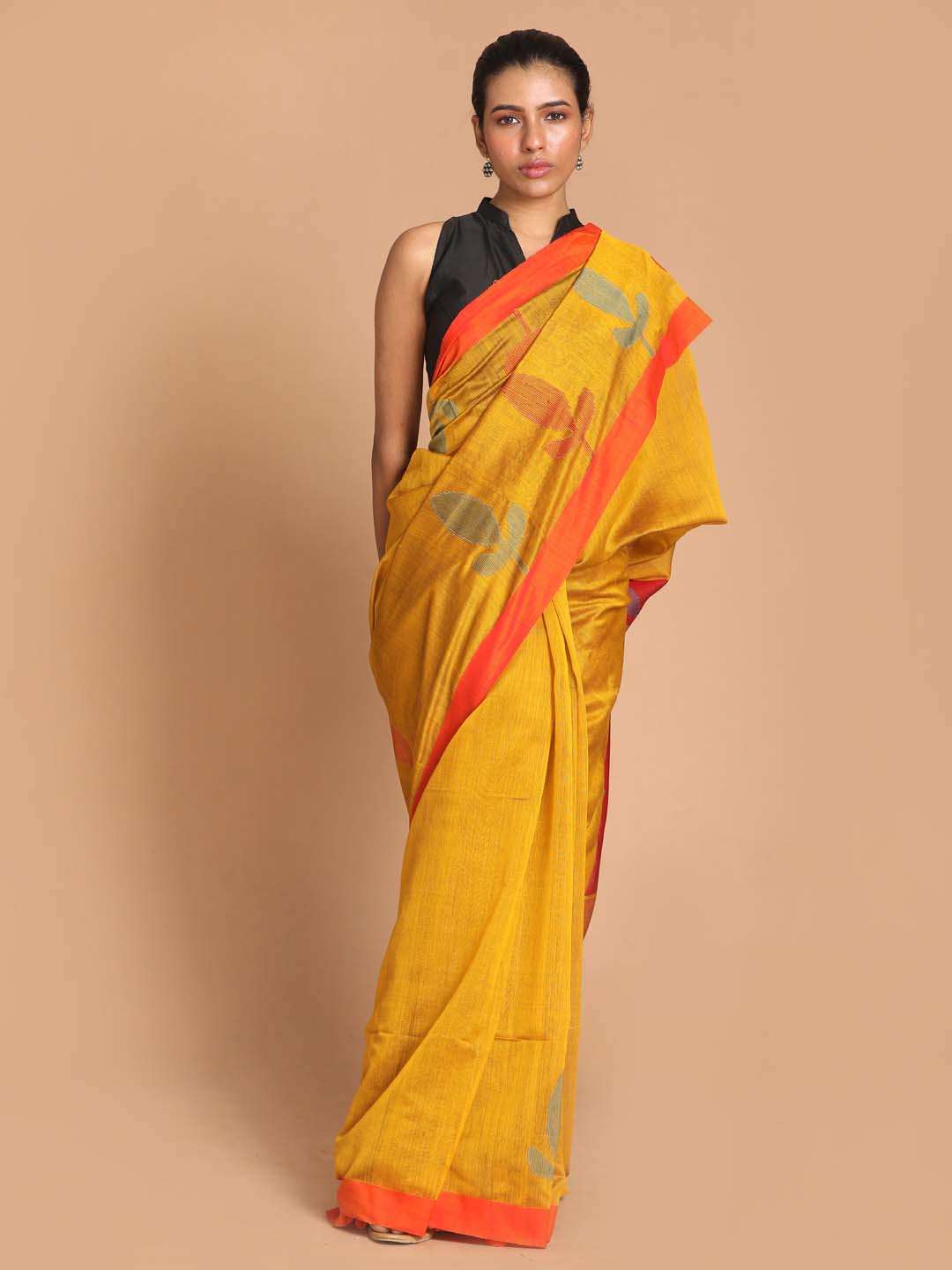 Indethnic Yellow Bengal Handloom Cotton Blend Work Saree - View 1
