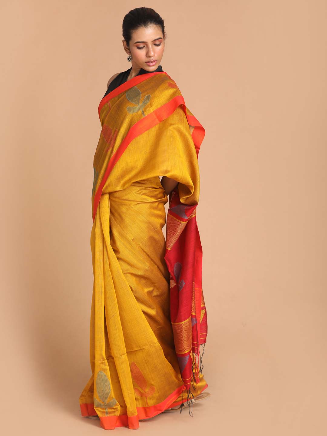 Indethnic Yellow Bengal Handloom Cotton Blend Work Saree - View 2