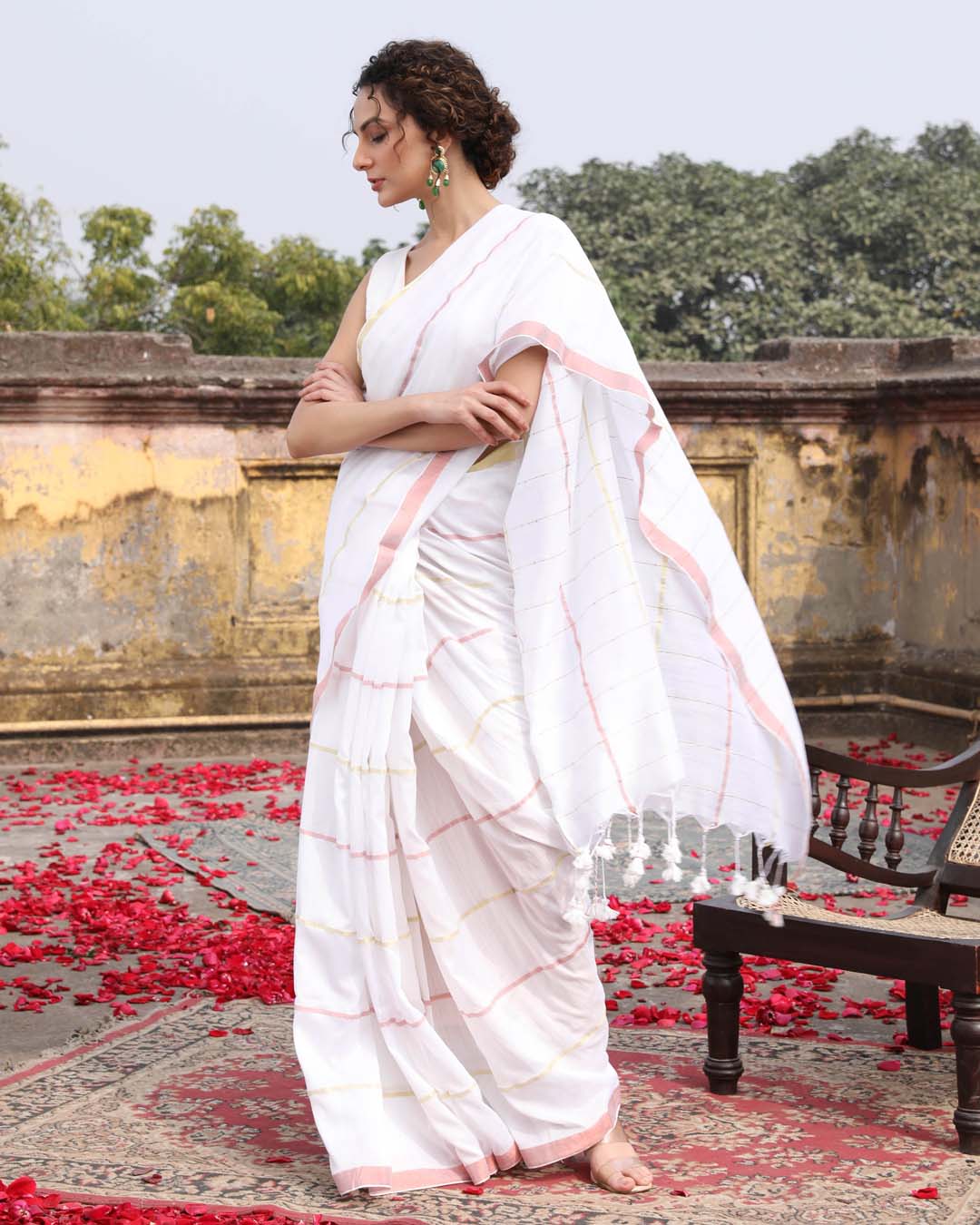 Indethnic White Color Blocked Party Wear - View 1