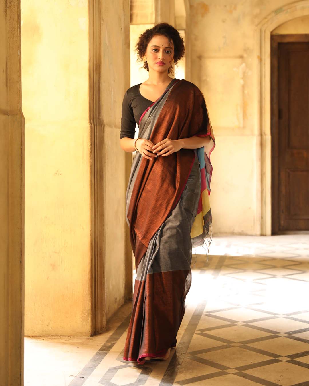 Indethnic Black Color Blocked Party Wear - View 1