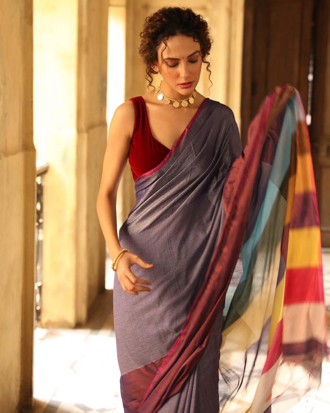 Indethnic Blue Color Blocked Party Wear - View 1