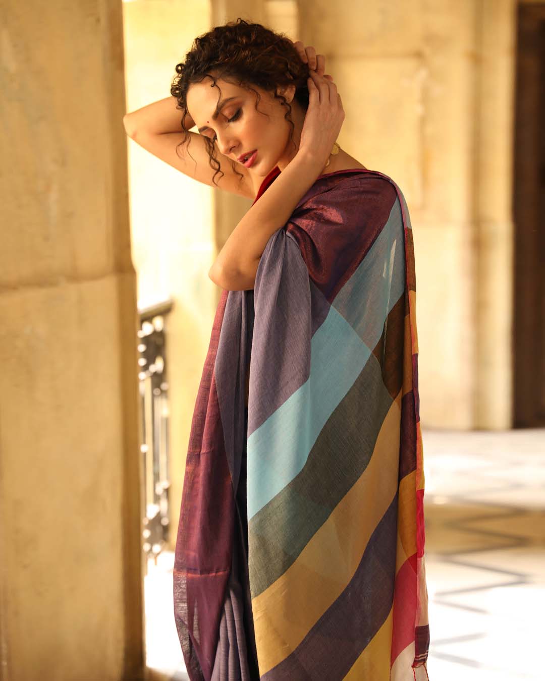 Indethnic Blue Color Blocked Party Wear - View 2