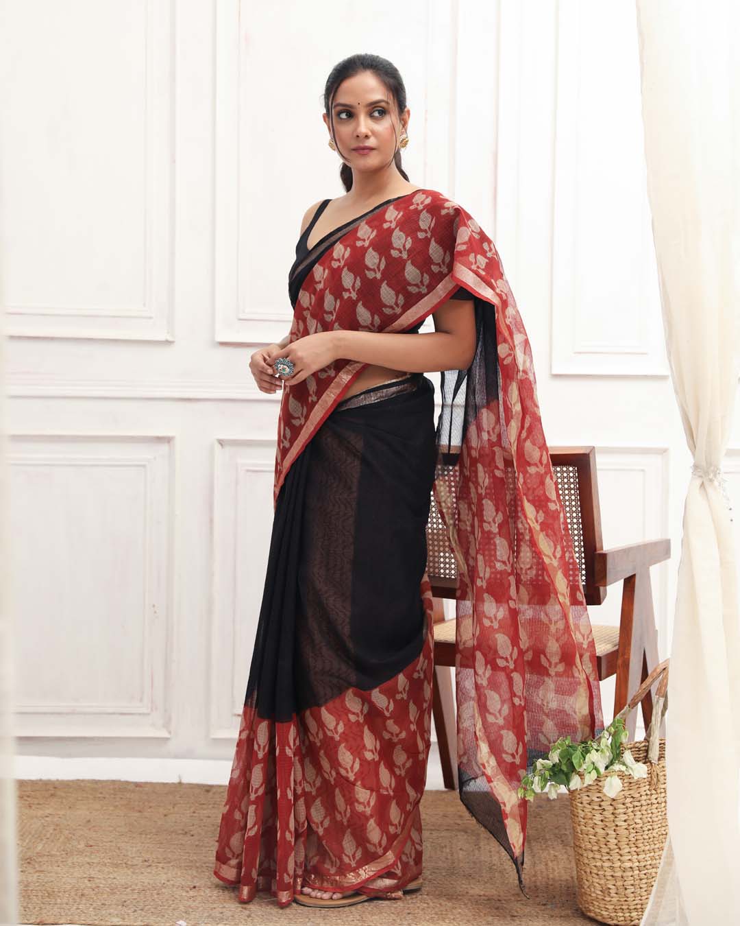 MIDNIGHT ELEGANCE (BAGRU SILK COTTON SAREE)
