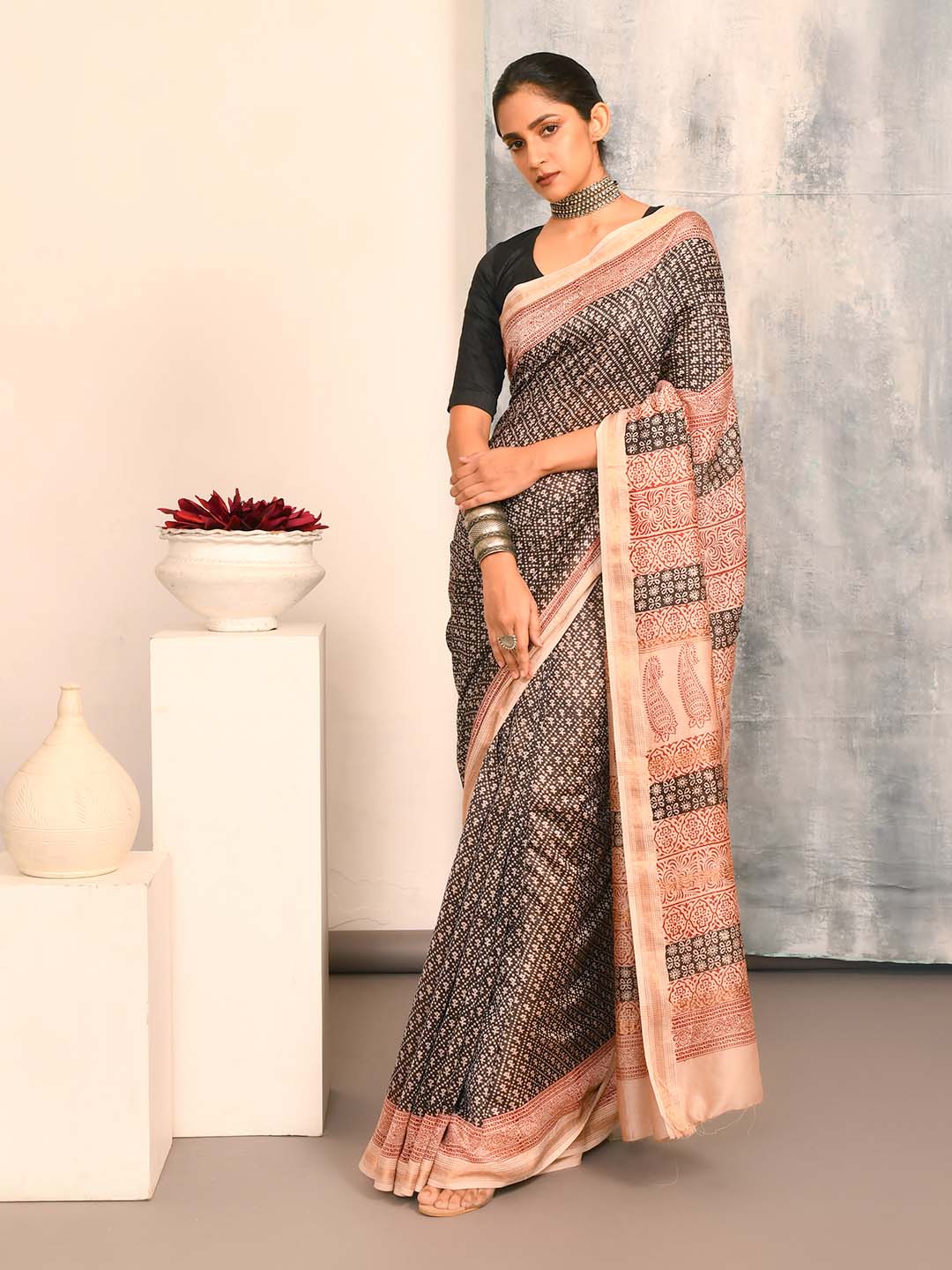 MIDNIGHT ECHO (BAGRU SILK COTTON SAREE)