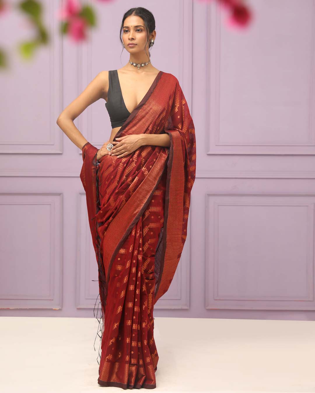 BURGUNDY GRACE (HANDLOOM COTTON BLEND SAREE)