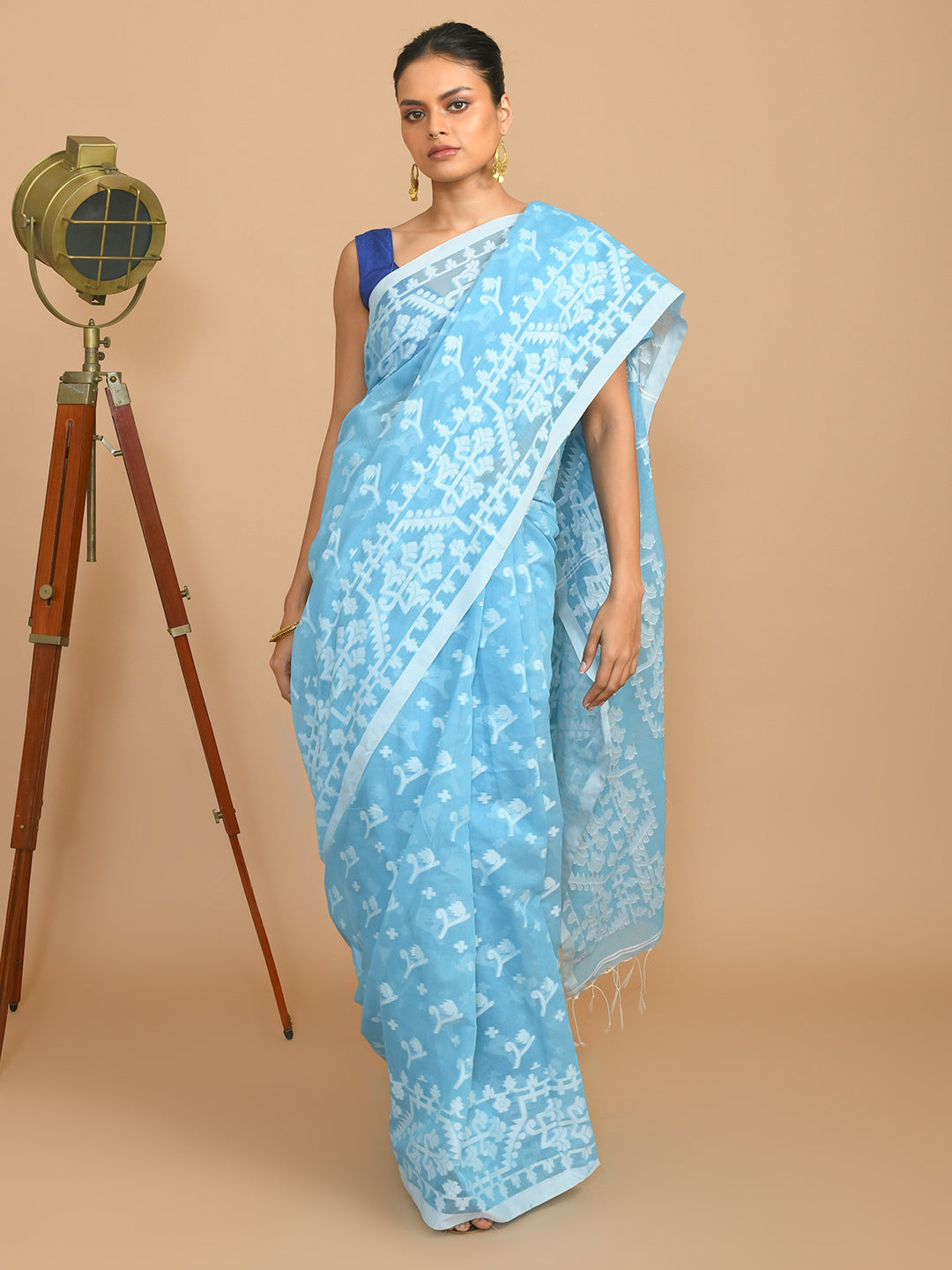 Jamdani Blue Woven Design Traditional Wear(HANDLOOM COTTON BLEND SAREE)