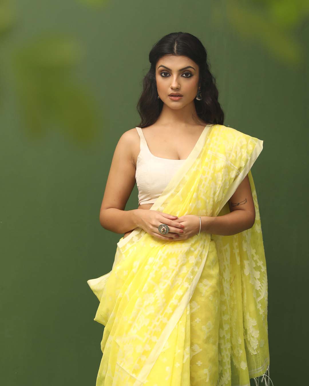 Jamdani Yellow Woven Design Traditional Wear(HANDLOOM COTTON BLEND SAREE)