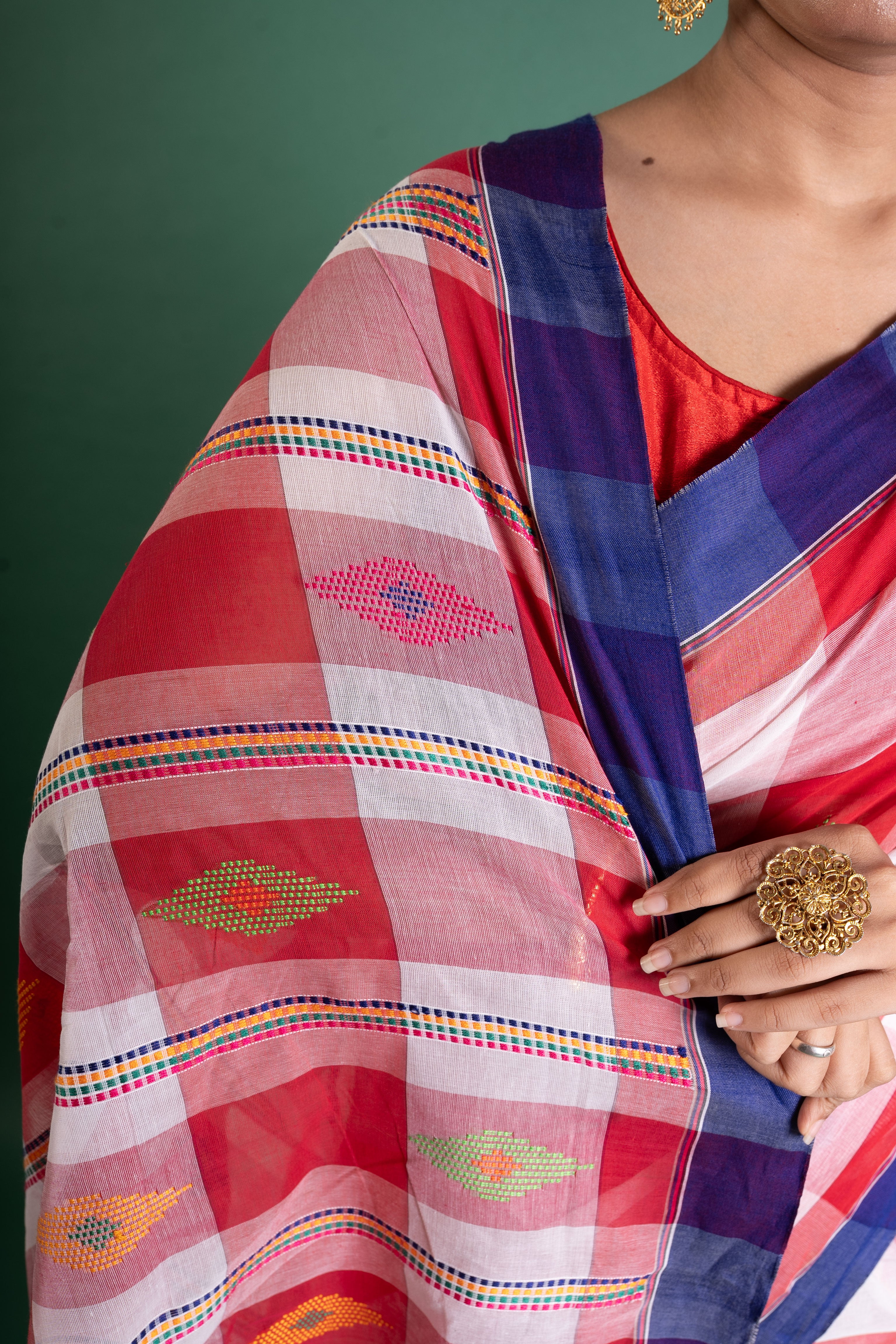 Scarlet Check Handloom Cotton Saree with Indigo Border