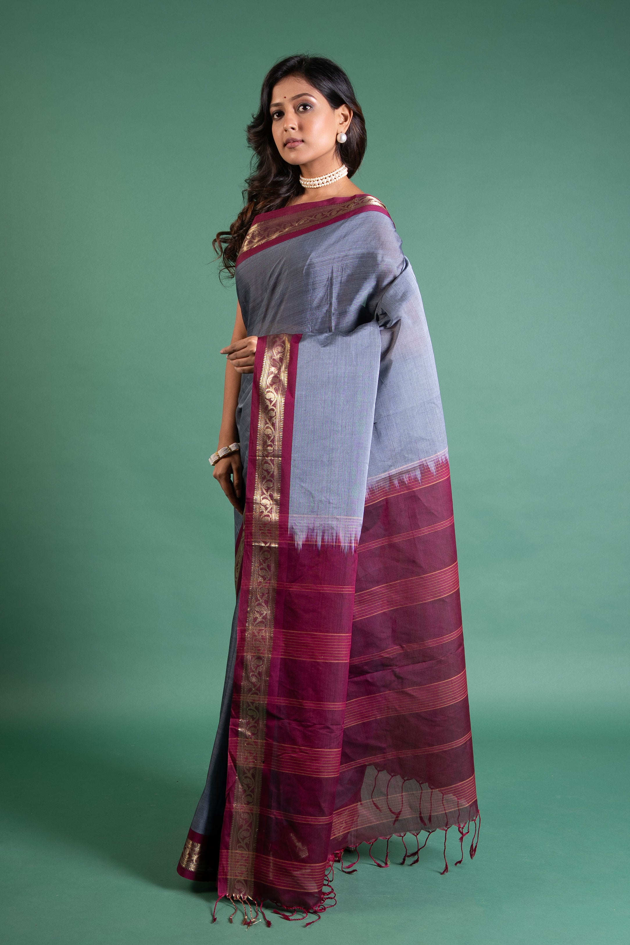 Prisha Grey–Wine Zari Border Pure Handloom Saree