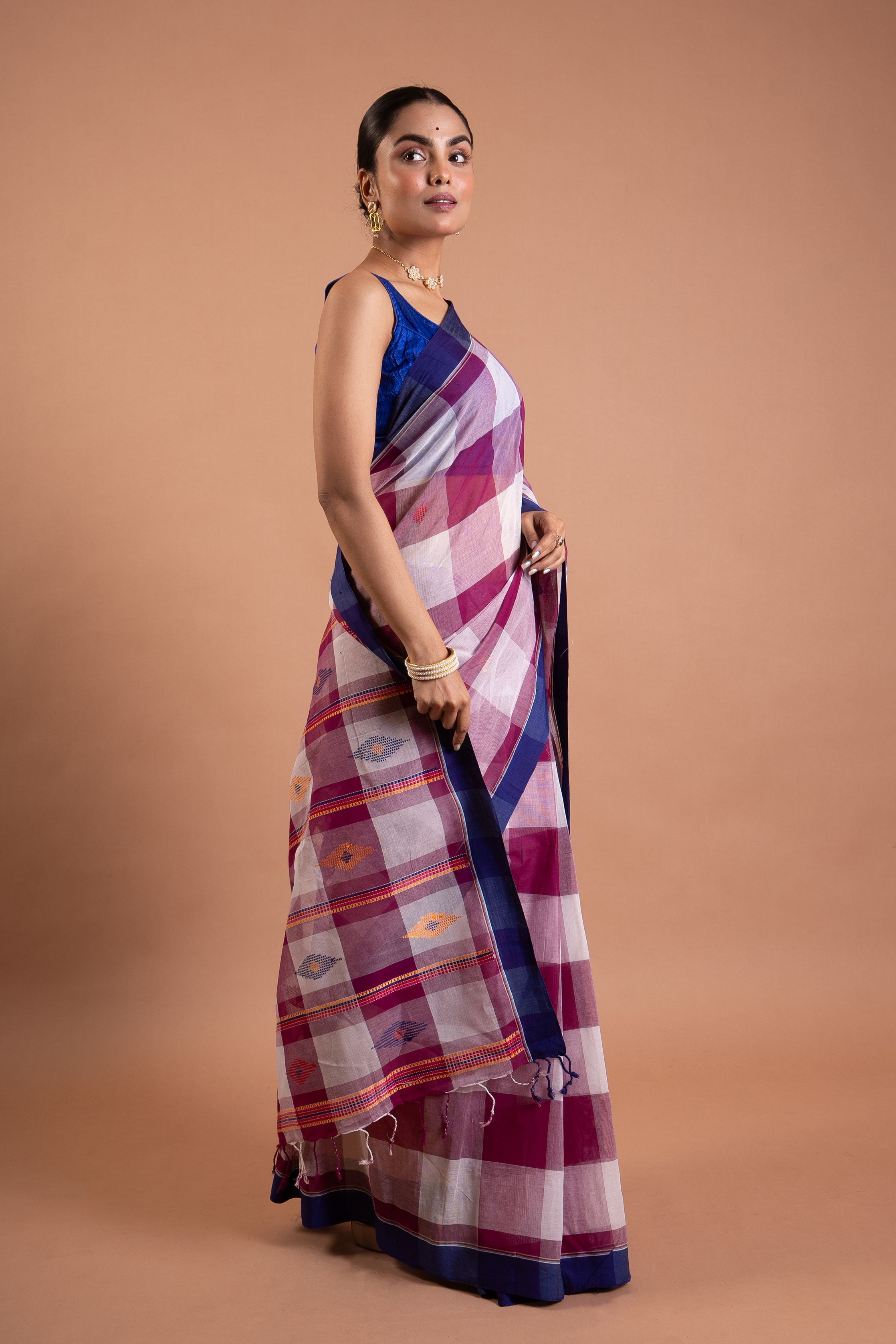 Rangrekha Pink Check Pure Handloom Saree with Blue Border