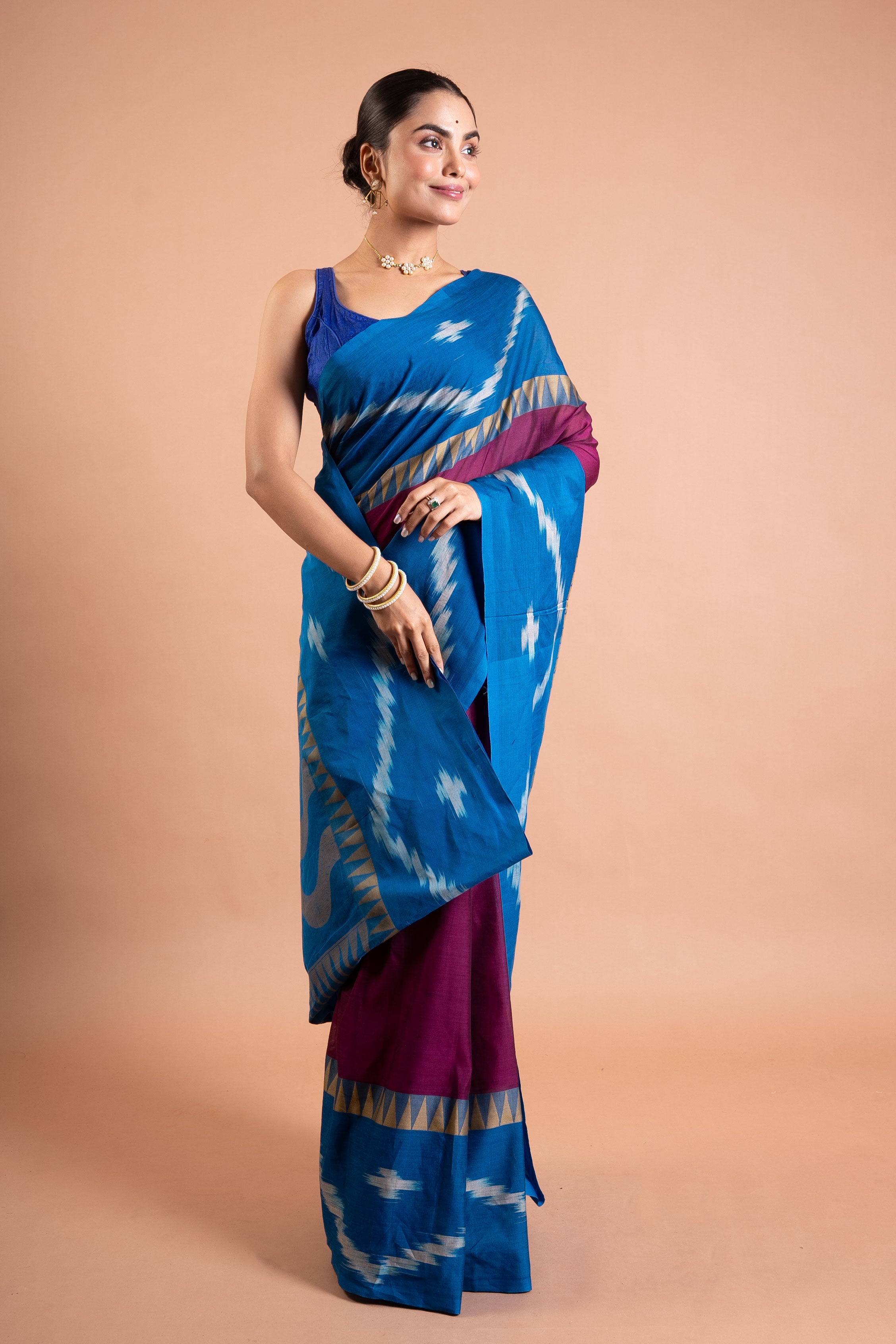 Azure Ikat Fusion Handloom Saree – Teal & Magenta