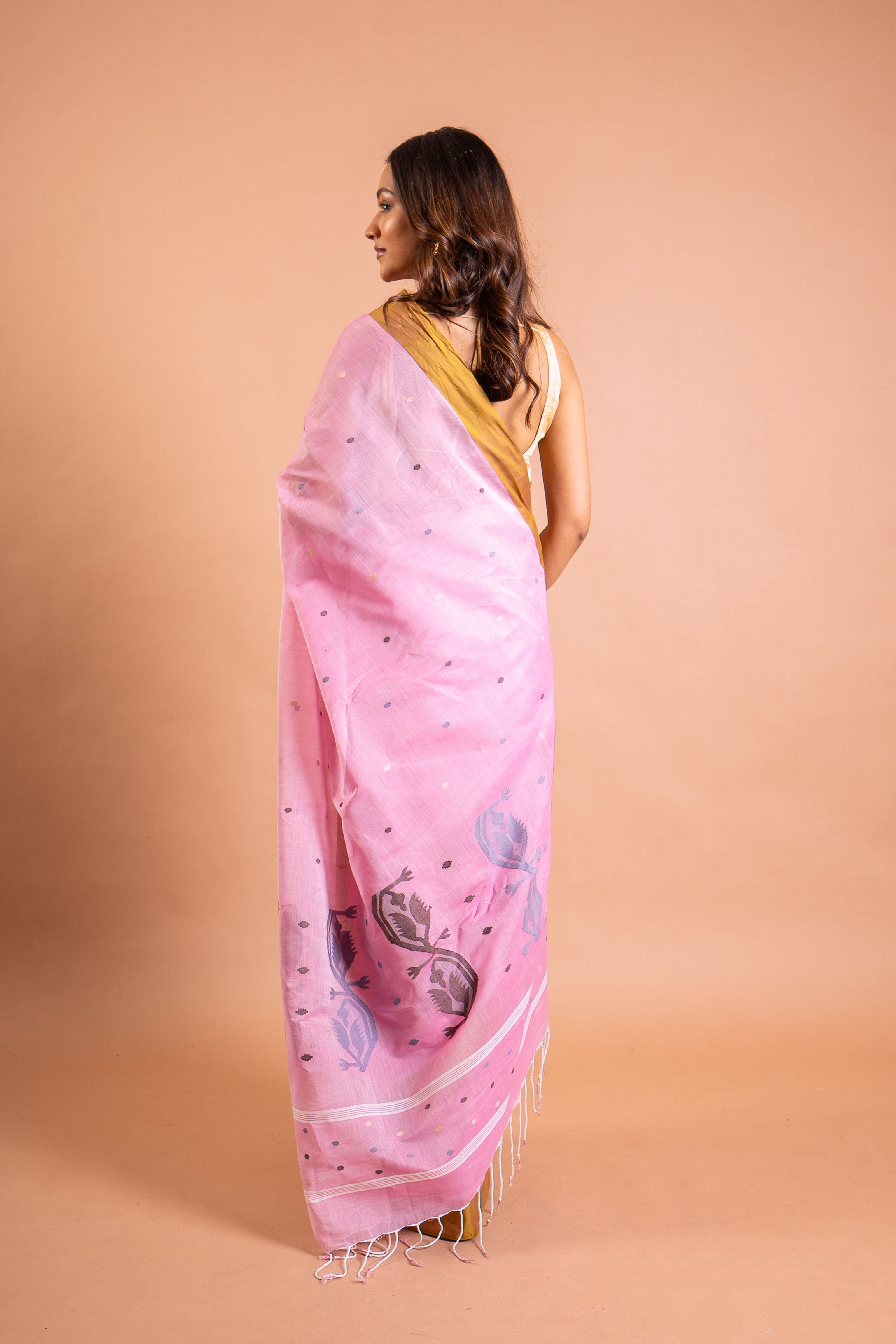 Blush Pink Handloom Cotton Saree with Mustard Gold Border