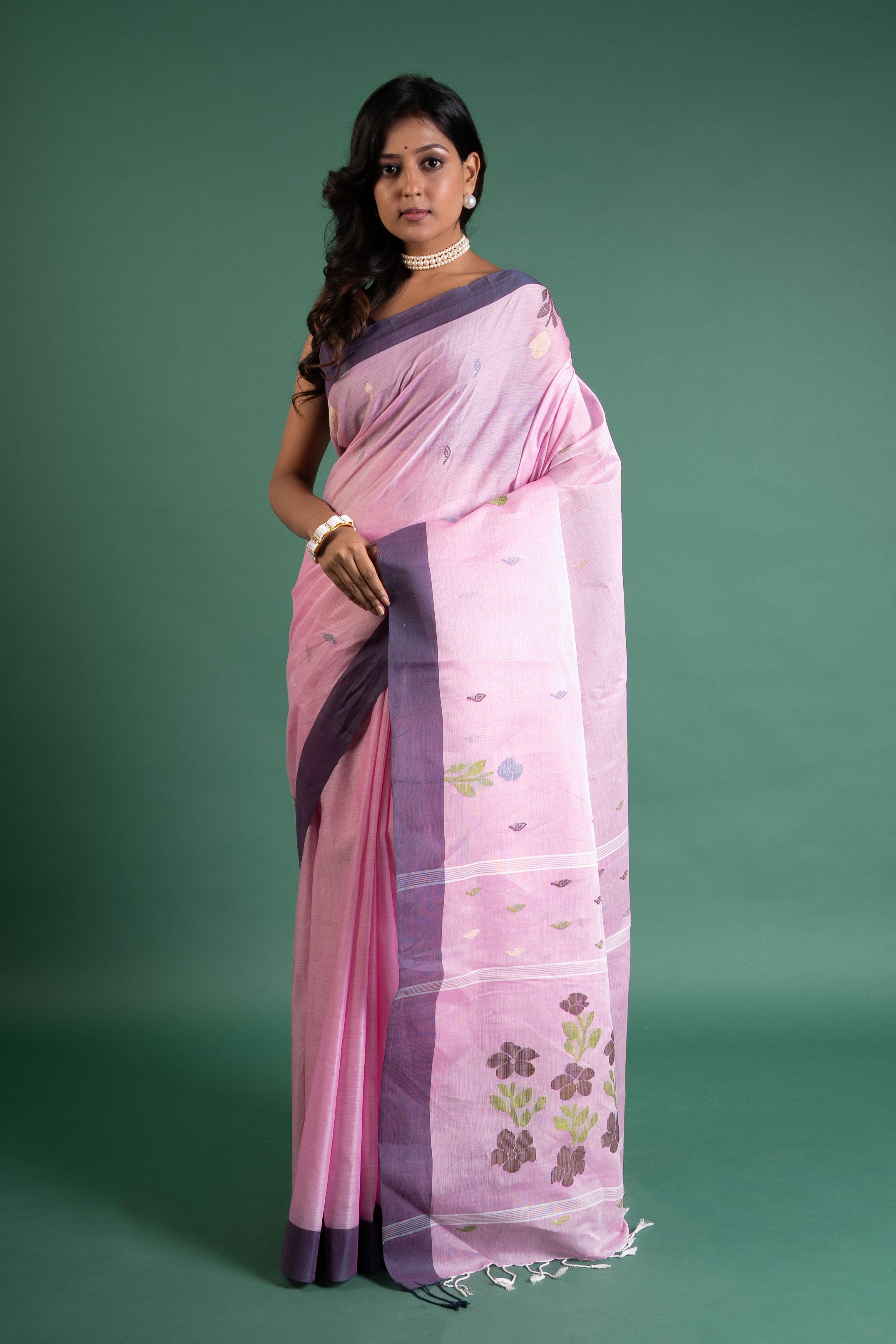 Blush Pink & Lilac Jamdani Handloom Saree