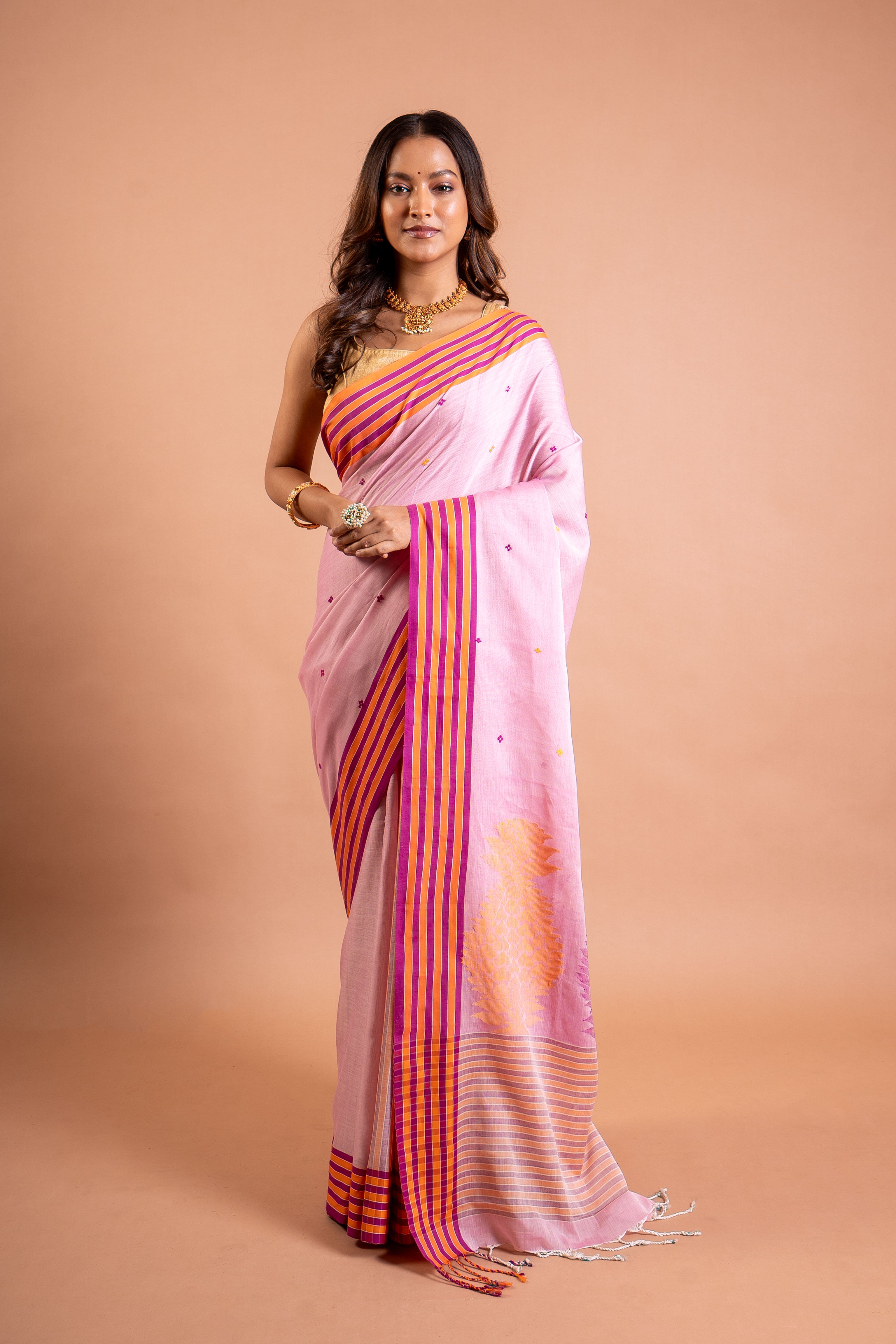 Blush Pink Handloom Saree with Magenta–Orange Stripe Border