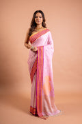 Blush Pink Handloom Saree with Magenta–Orange Stripe Border