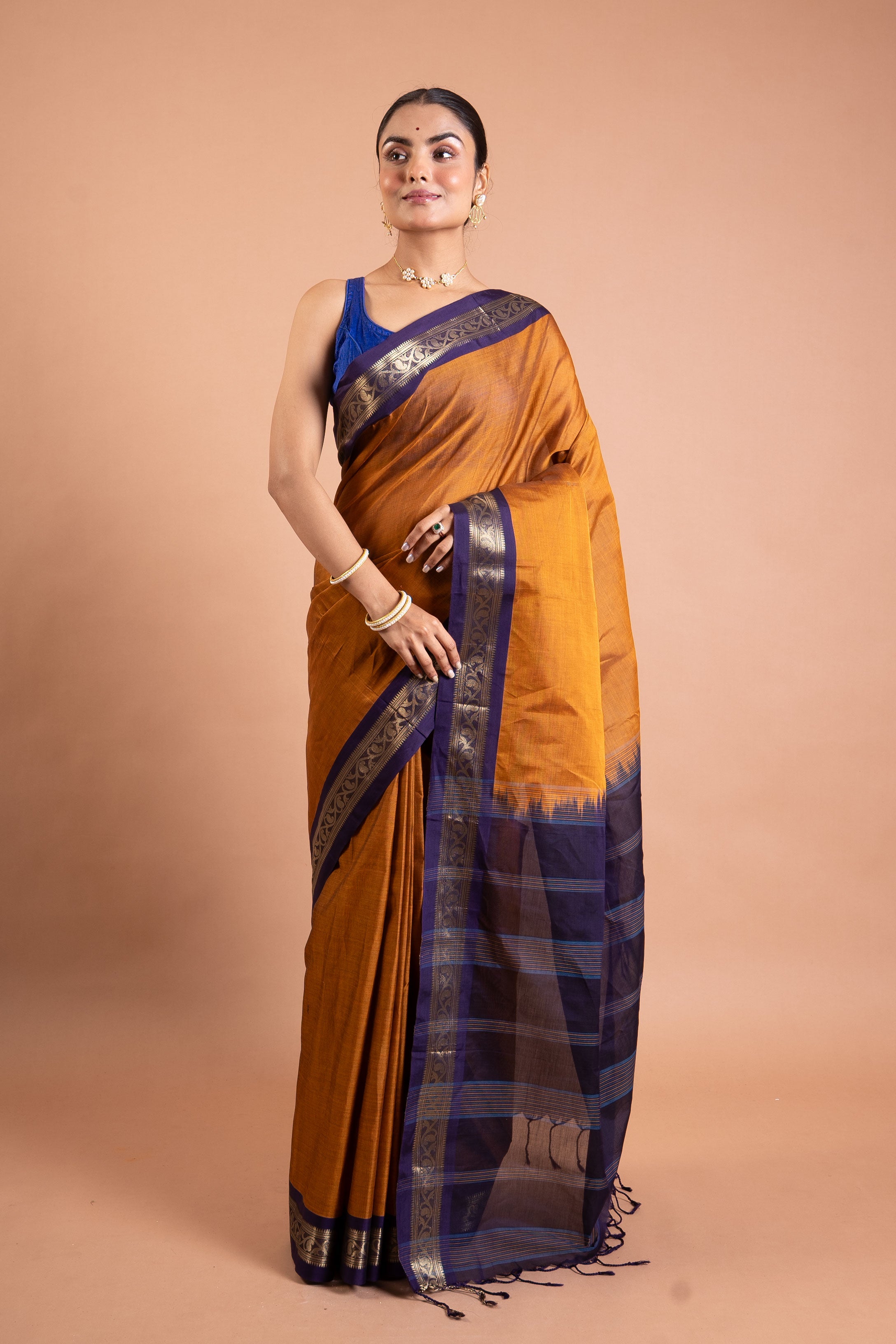 Amber Mustard & Navy Zari Border Pure Handloom Saree