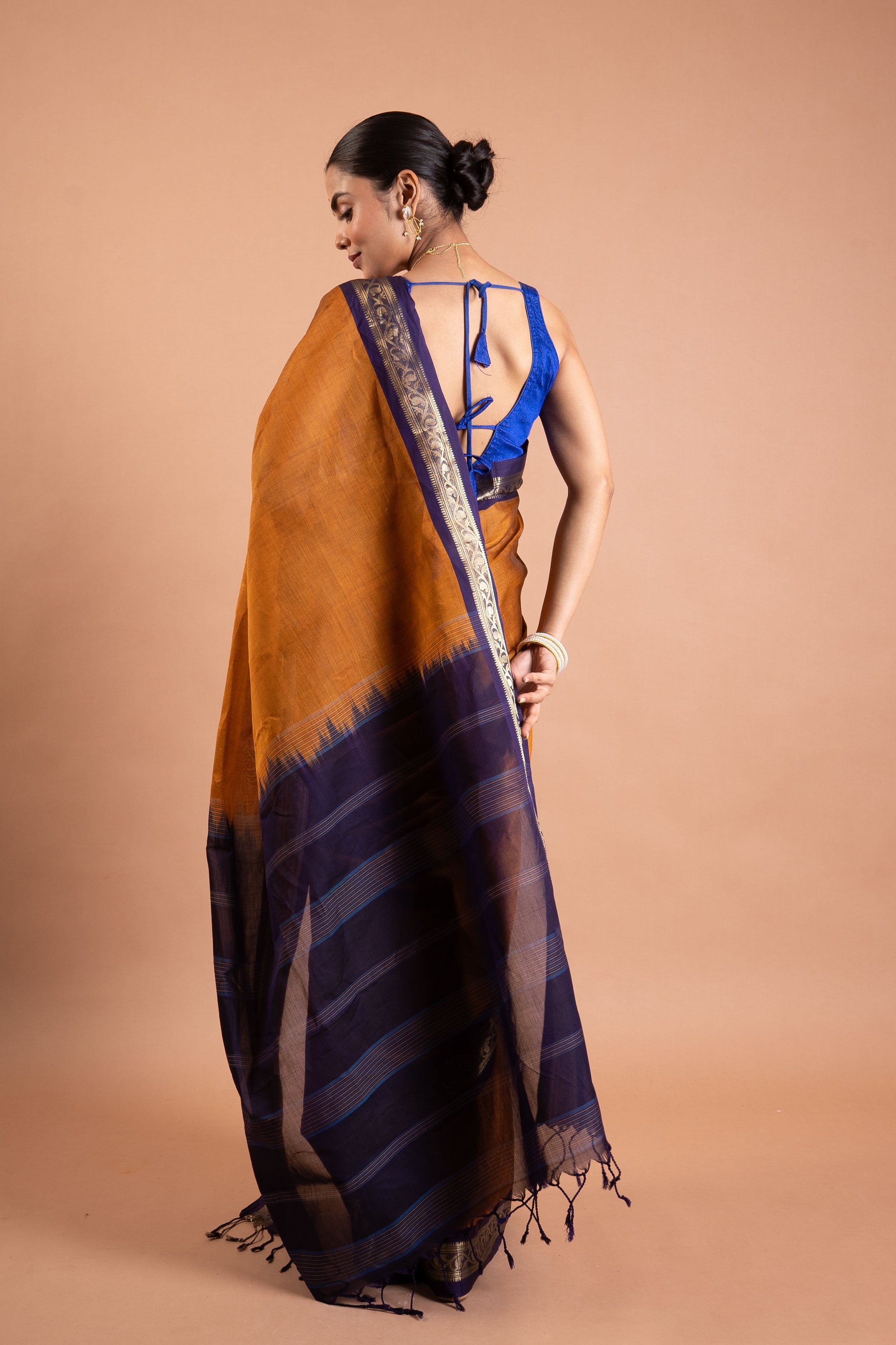 Amber Mustard & Navy Zari Border Pure Handloom Saree