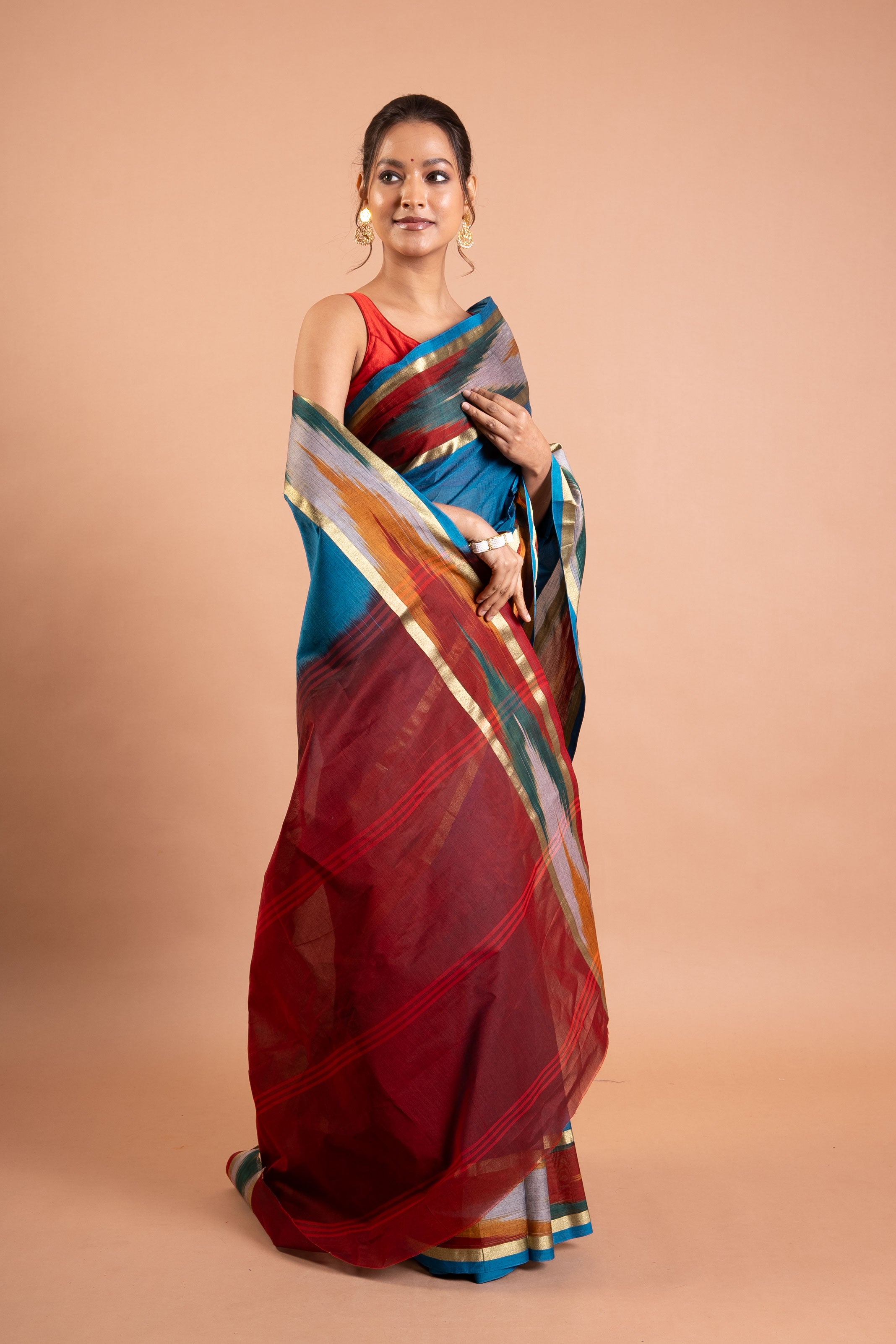 Teal-Blue Handloom Silk-Cotton Saree with Maroon Zari Pallu