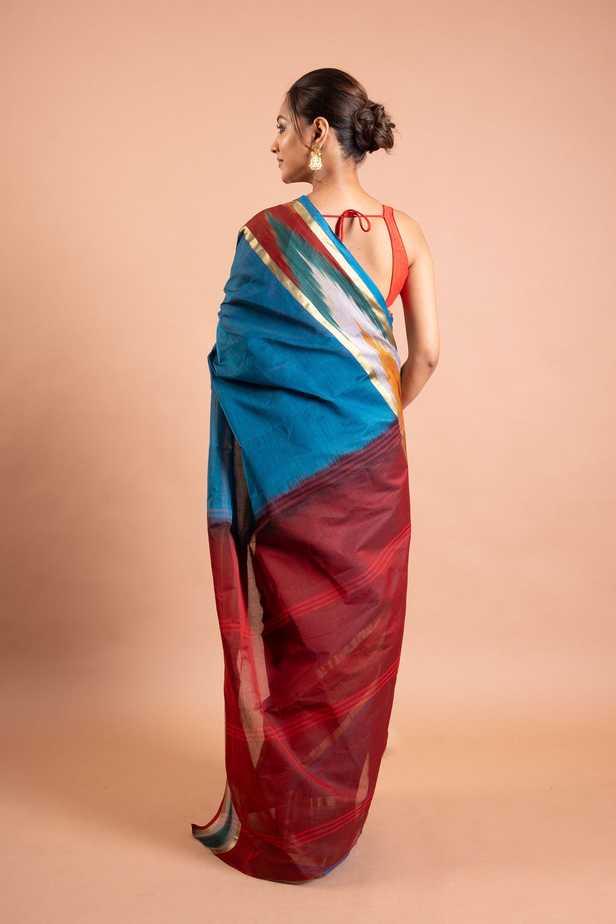 Teal-Blue Handloom Silk-Cotton Saree with Maroon Zari Pallu