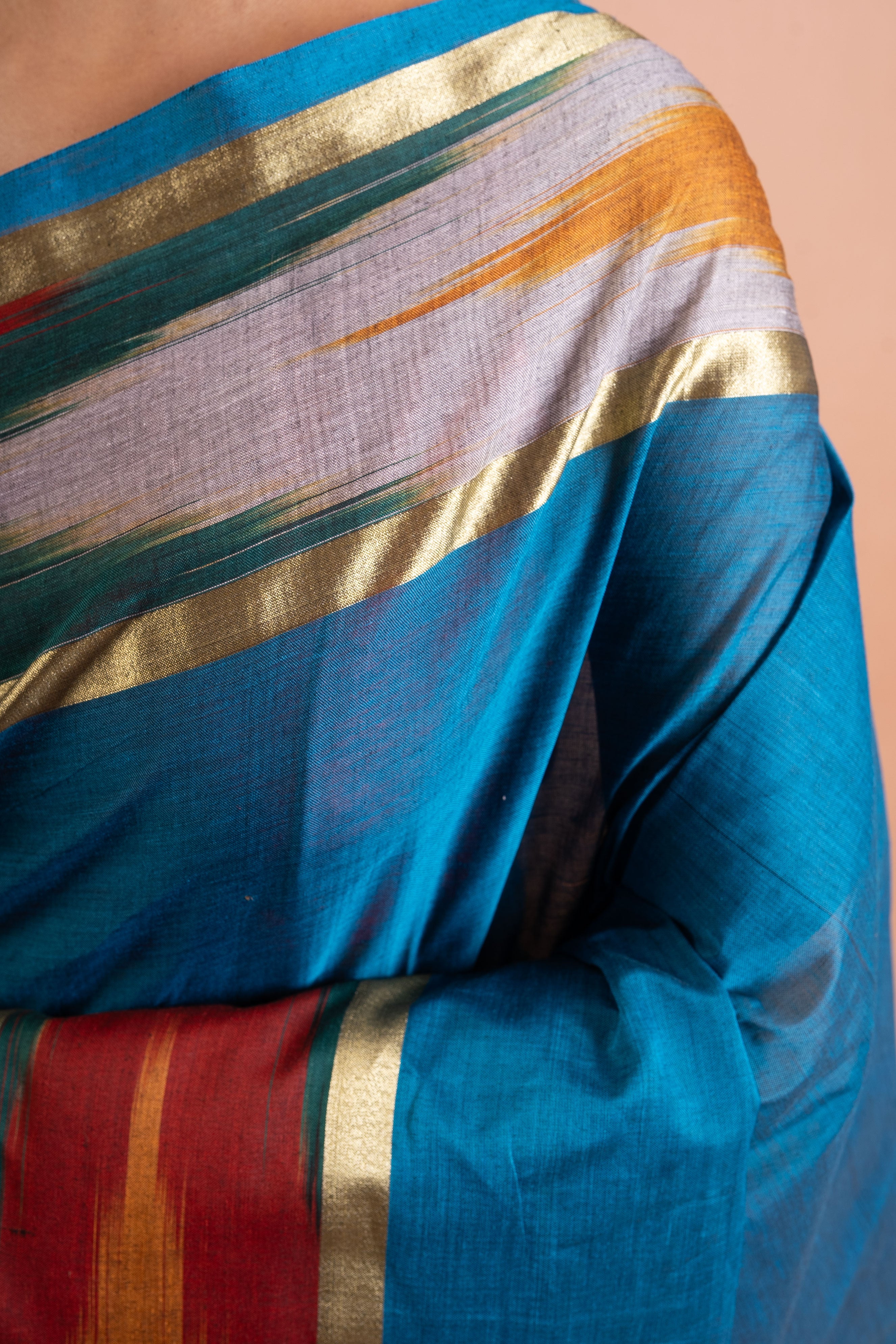 Teal-Blue Handloom Silk-Cotton Saree with Maroon Zari Pallu