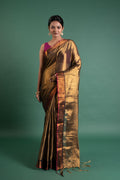 Antique Gold Pure Tissue Saree with Rani Pink Border