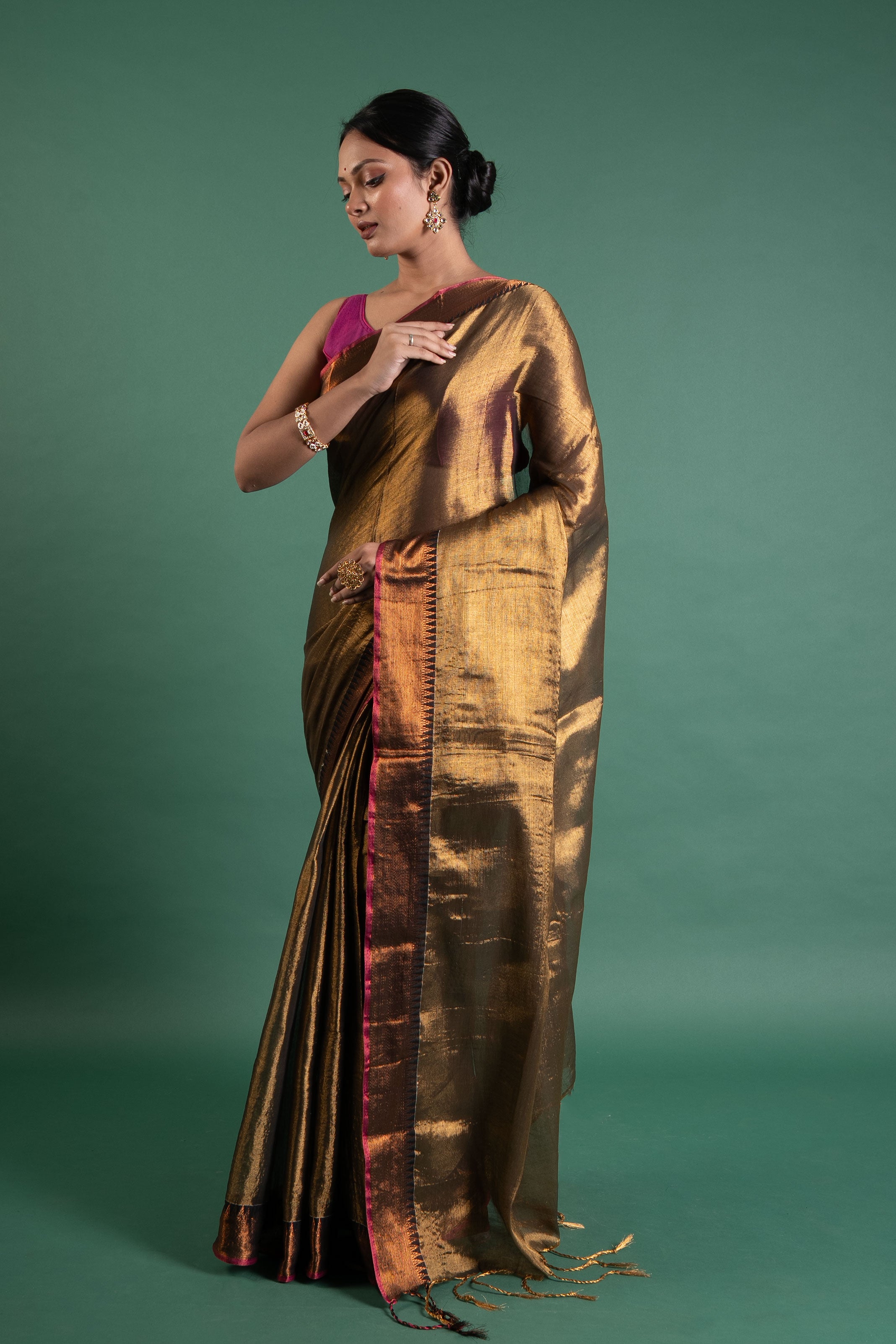 Antique Gold Pure Tissue Saree with Rani Pink Border