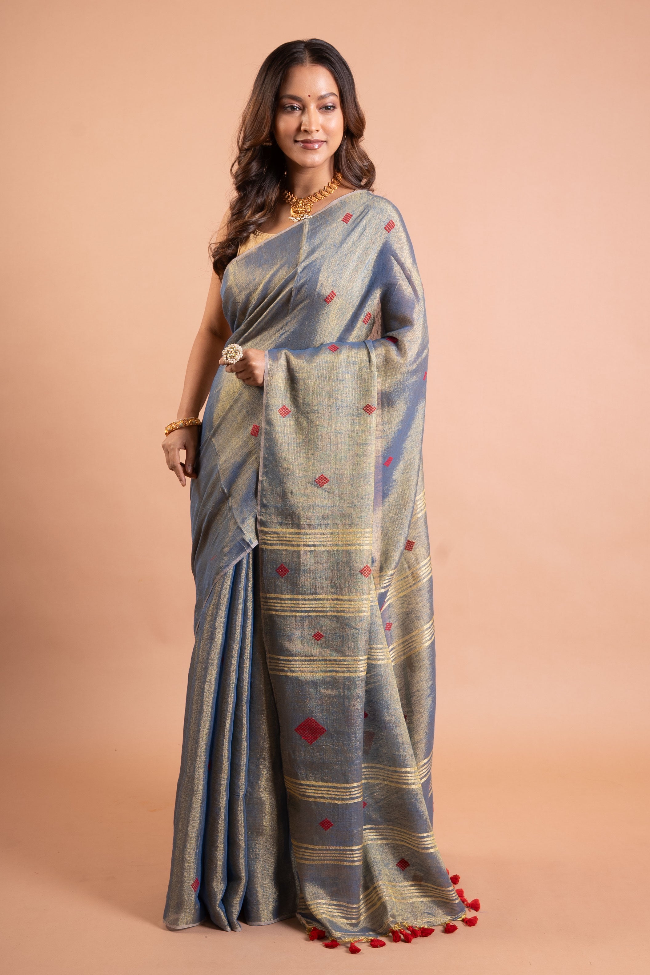 Steel Blue Pure Tissue Saree with Red Buttas & Zari-Striped Pallu
