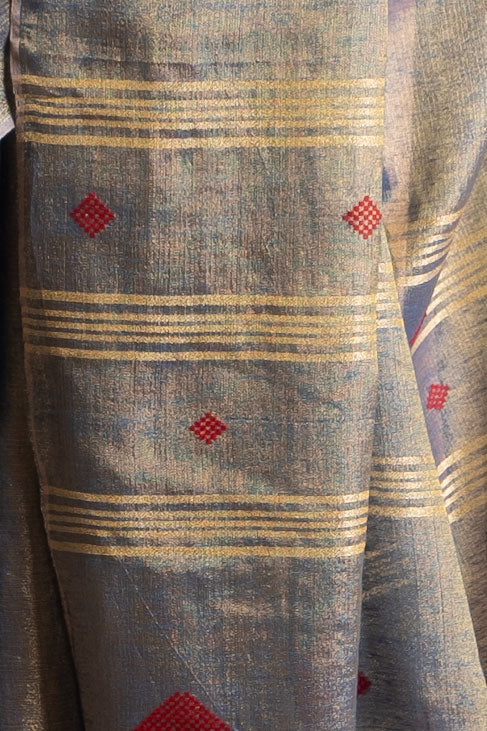 Steel Blue Pure Tissue Saree with Red Buttas & Zari-Striped Pallu