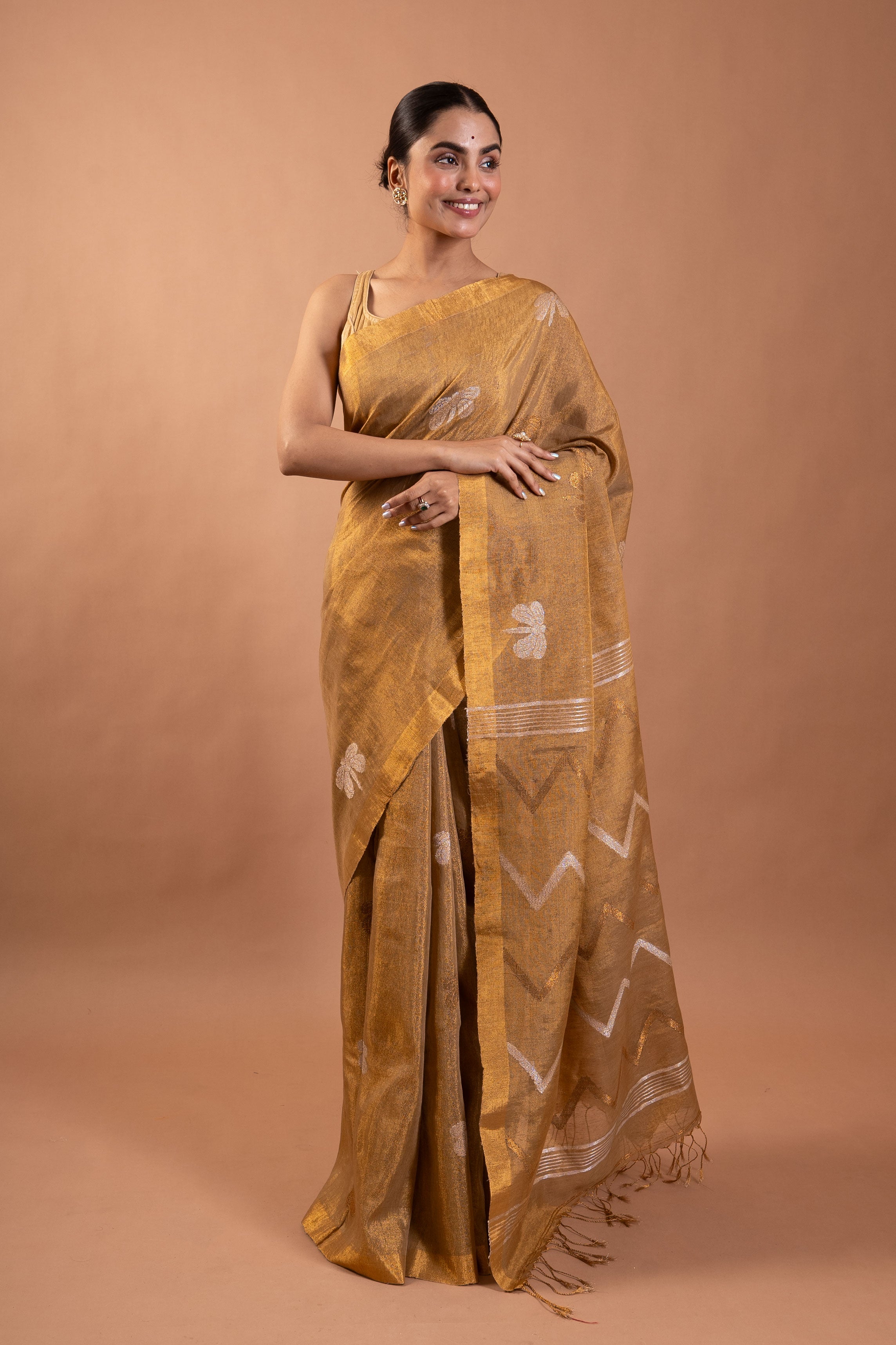 Antique Gold Linen Tissue Saree with Silver Buttis & Chevron Pallu
