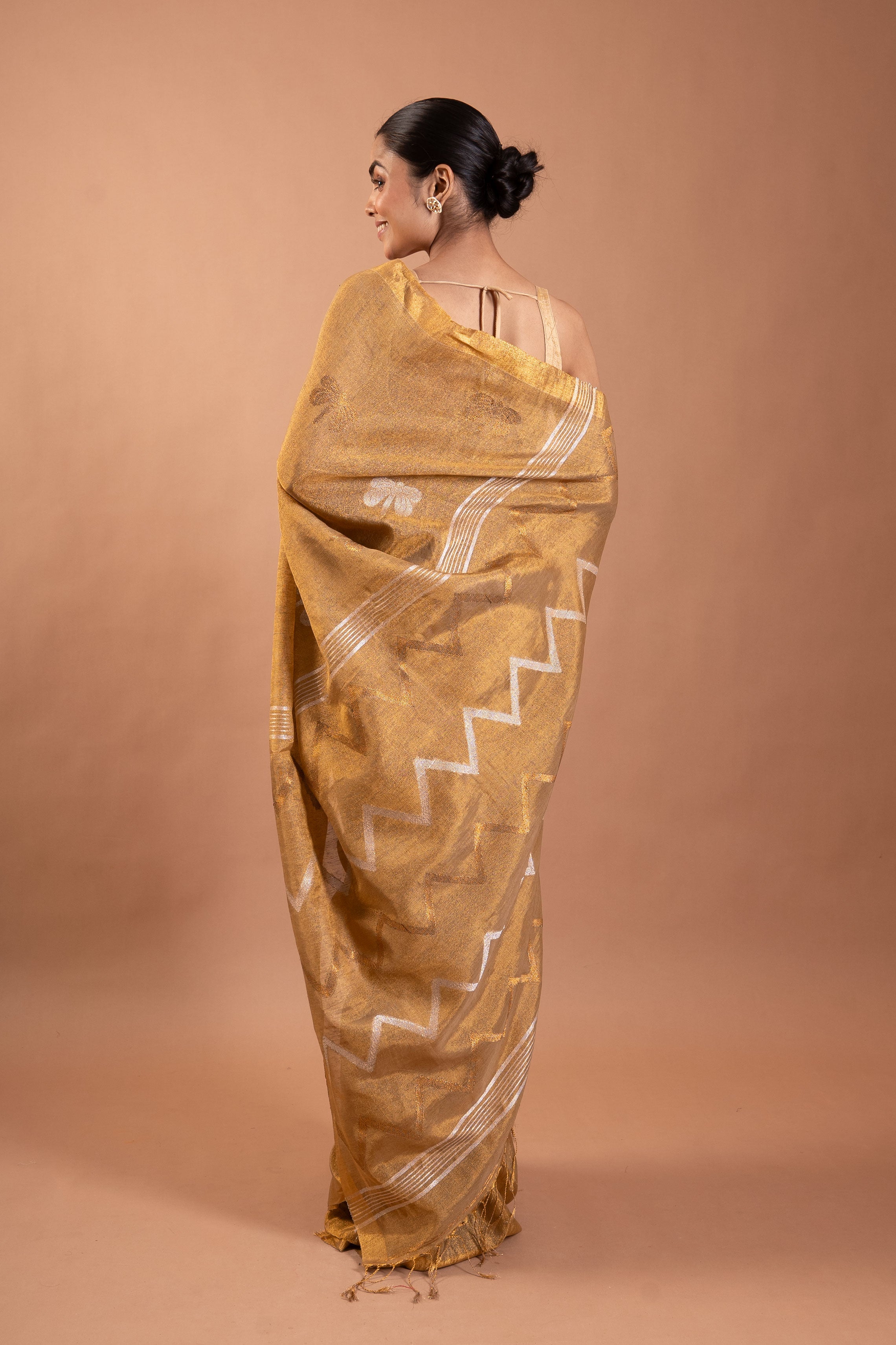 Antique Gold Linen Tissue Saree with Silver Buttis & Chevron Pallu