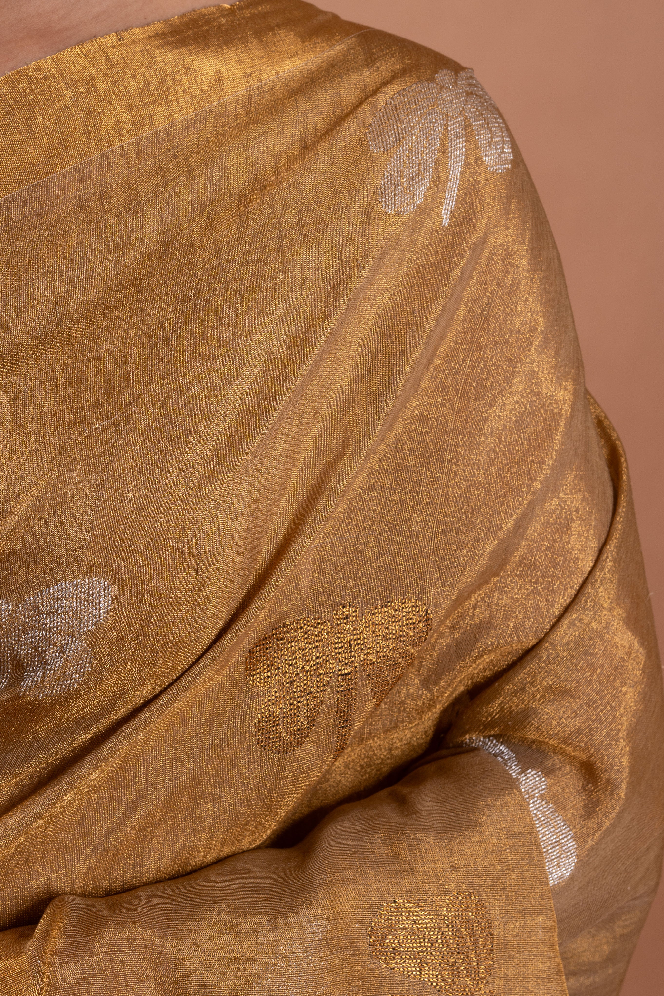 Antique Gold Linen Tissue Saree with Silver Buttis & Chevron Pallu