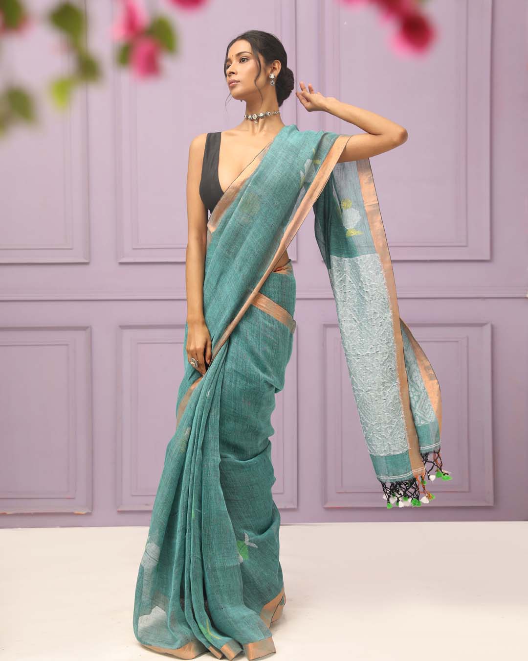 TEAL SERENITY (HANDLOOM PURE LINEN SAREE)