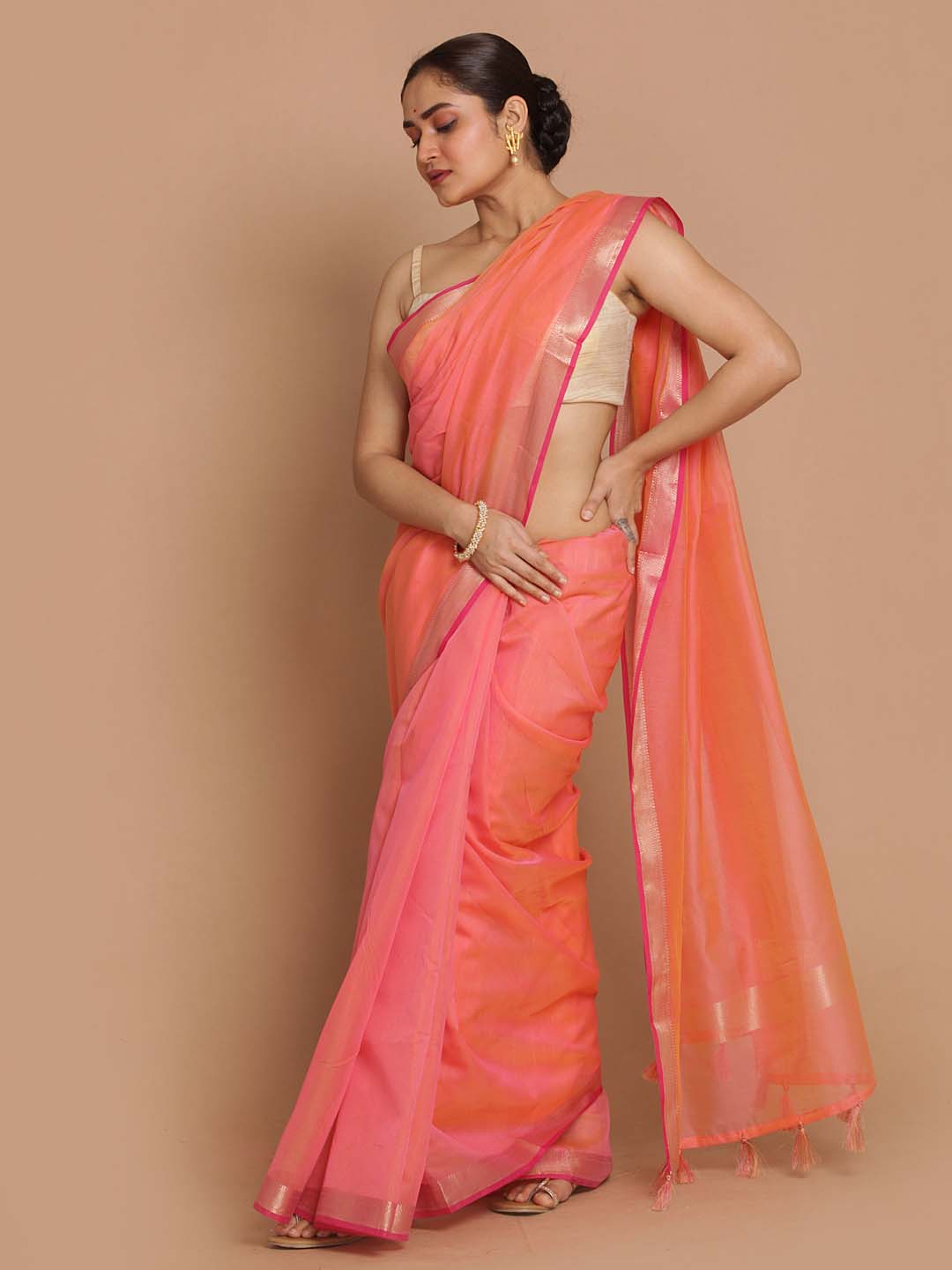 Indethnic Banarasi Coral Solid Daily Wear Saree - View 2