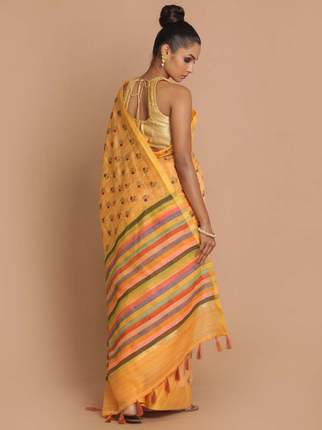 Indethnic Banarasi Mustard Embroidered Daily Wear Saree - View 3