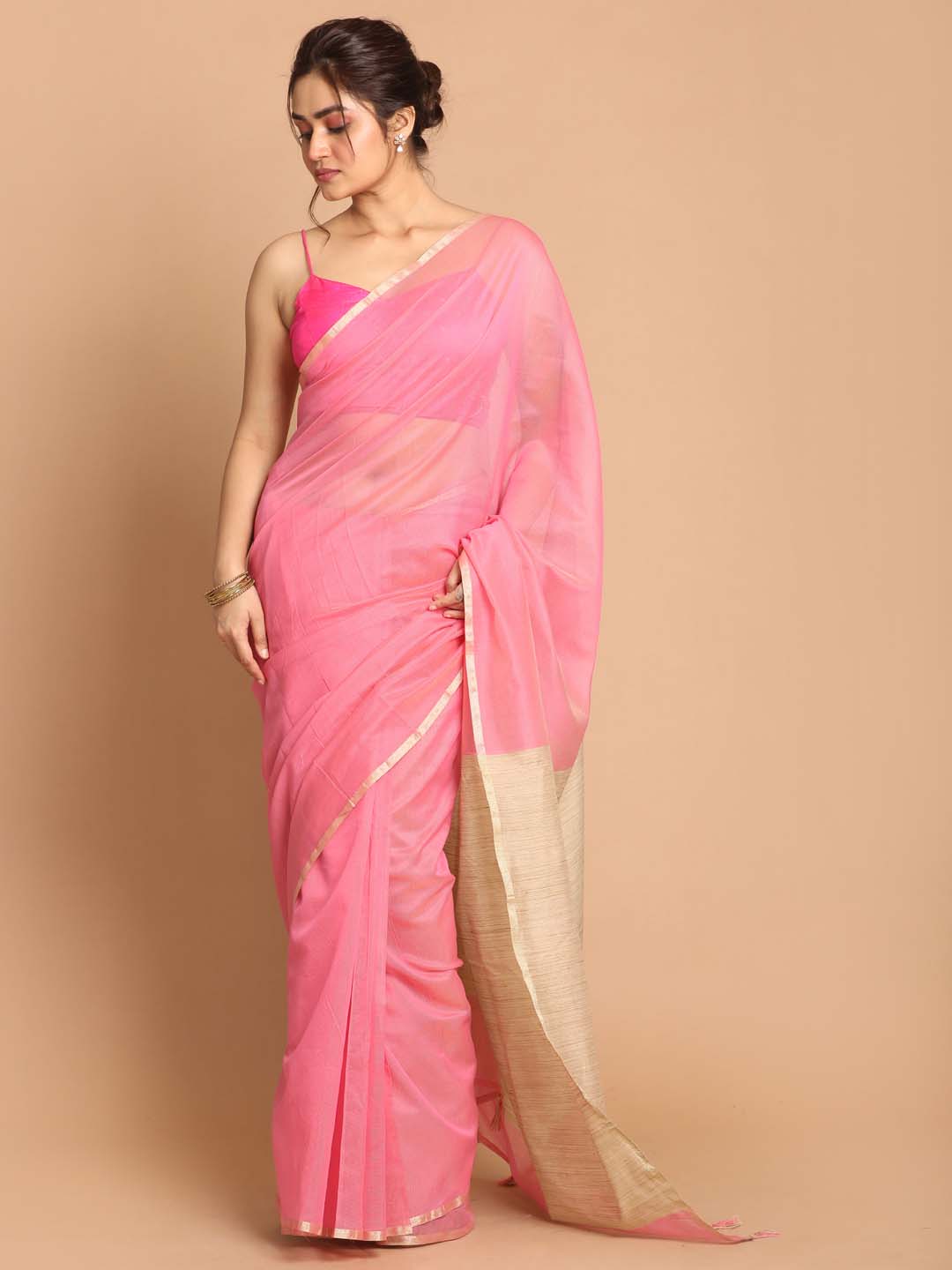 Indethnic Banarasi Pink Solid Daily Wear Saree - View 1
