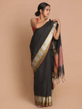 Indethnic Banarasi Black Checked Work Wear Saree - View 1
