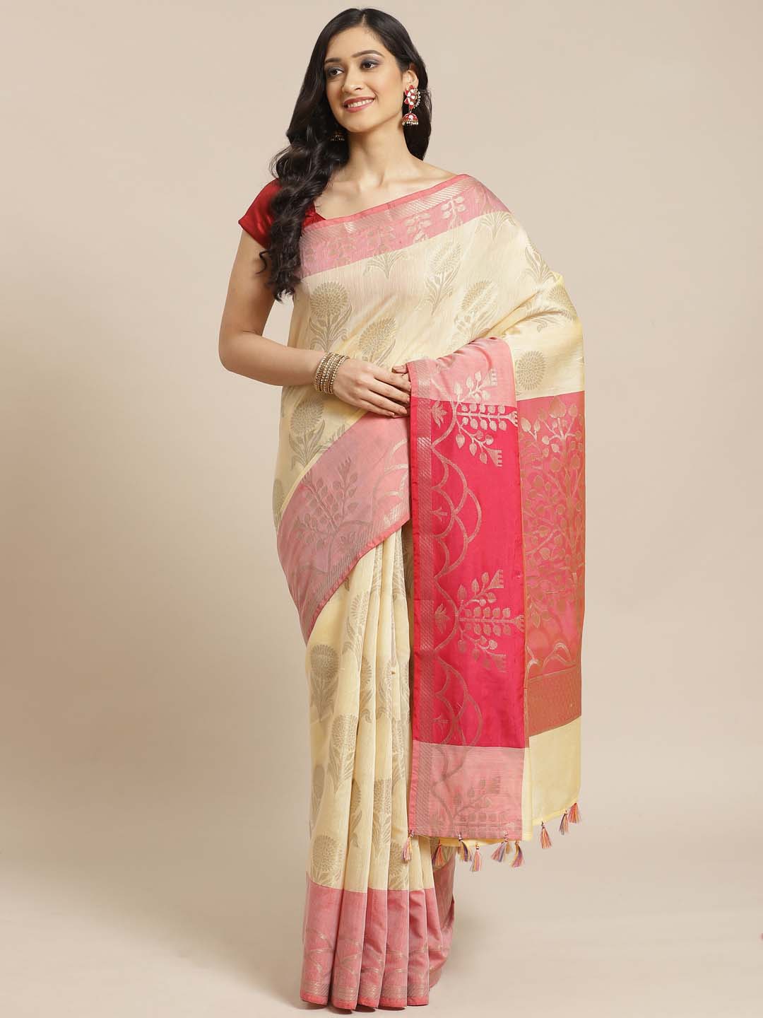 Indethnic Banarasi Cream Woven Design Daily Wear Saree - View 1