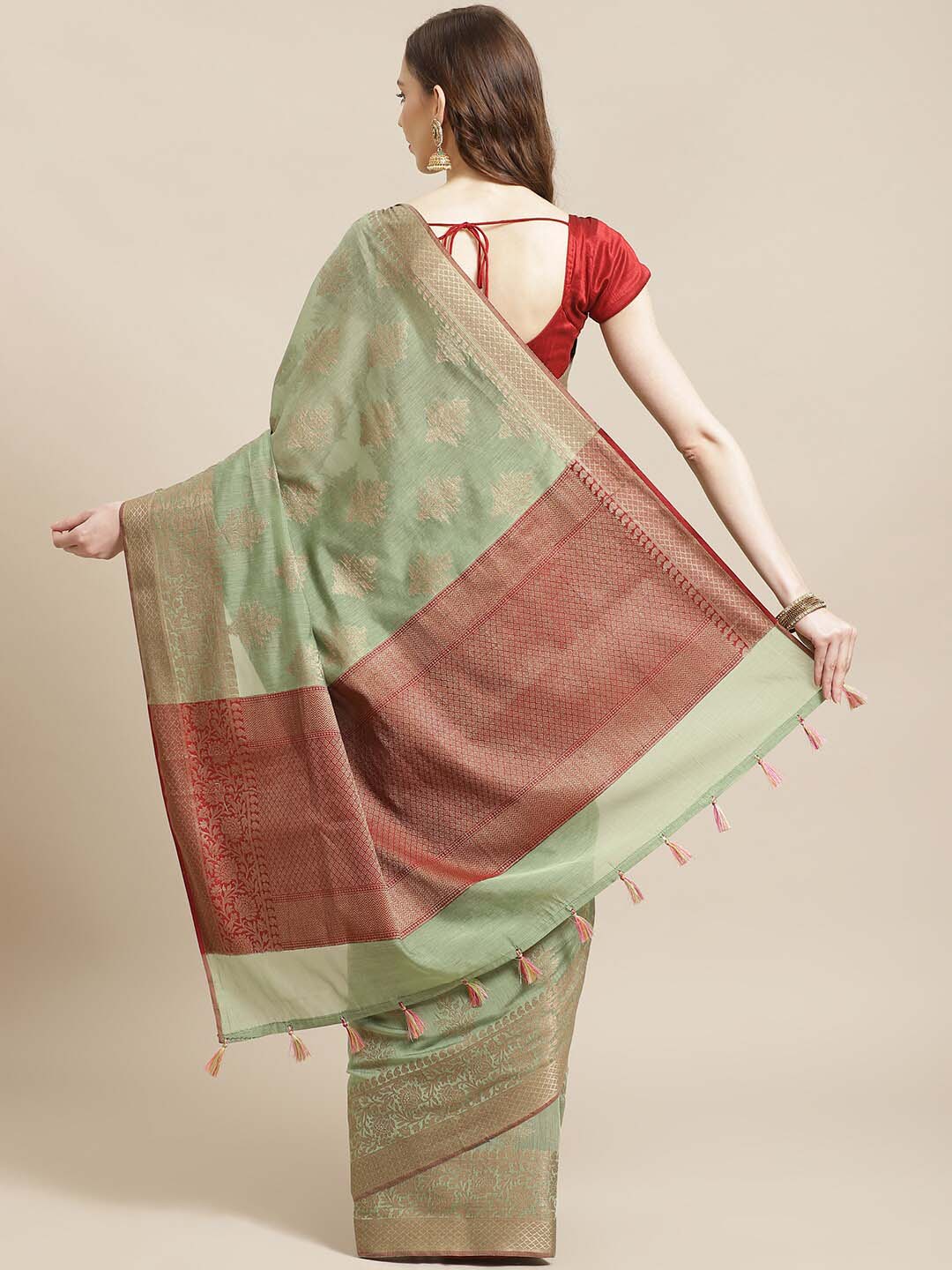 Indethnic Banarasi Green Woven Design Party Wear Saree - View 2