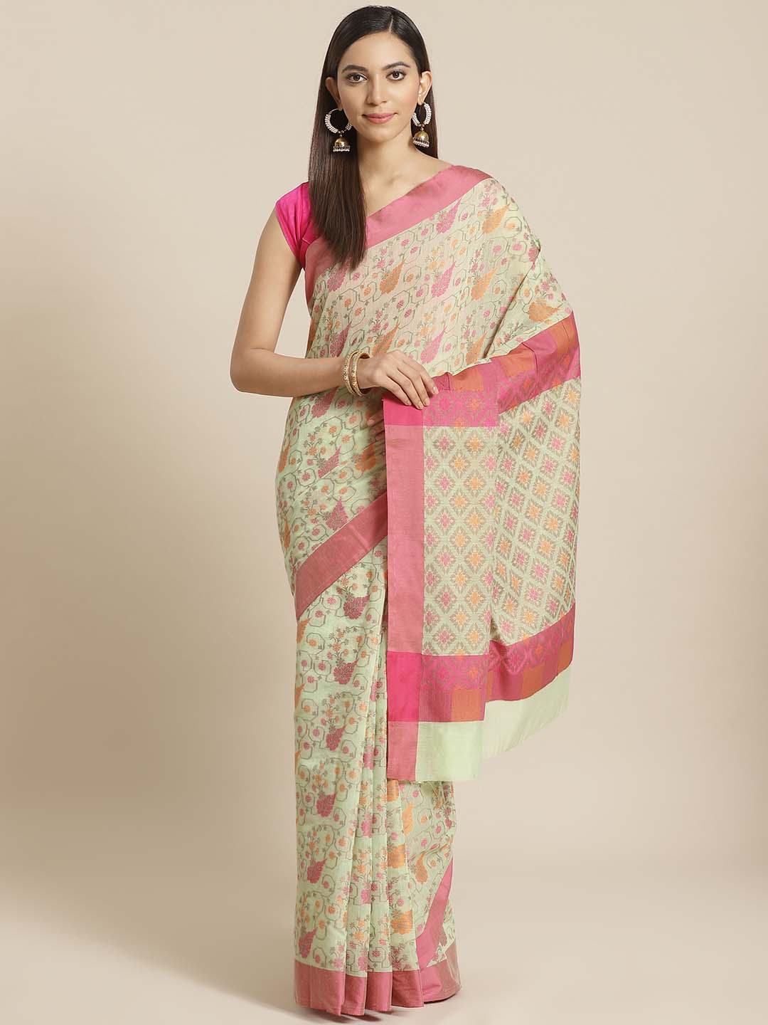 Indethnic Banarasi Green Woven Design Work Wear Saree - View 1