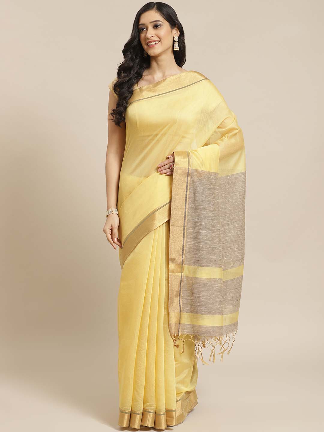 Indethnic Banarasi Yellow Solid Work Wear Saree - View 1
