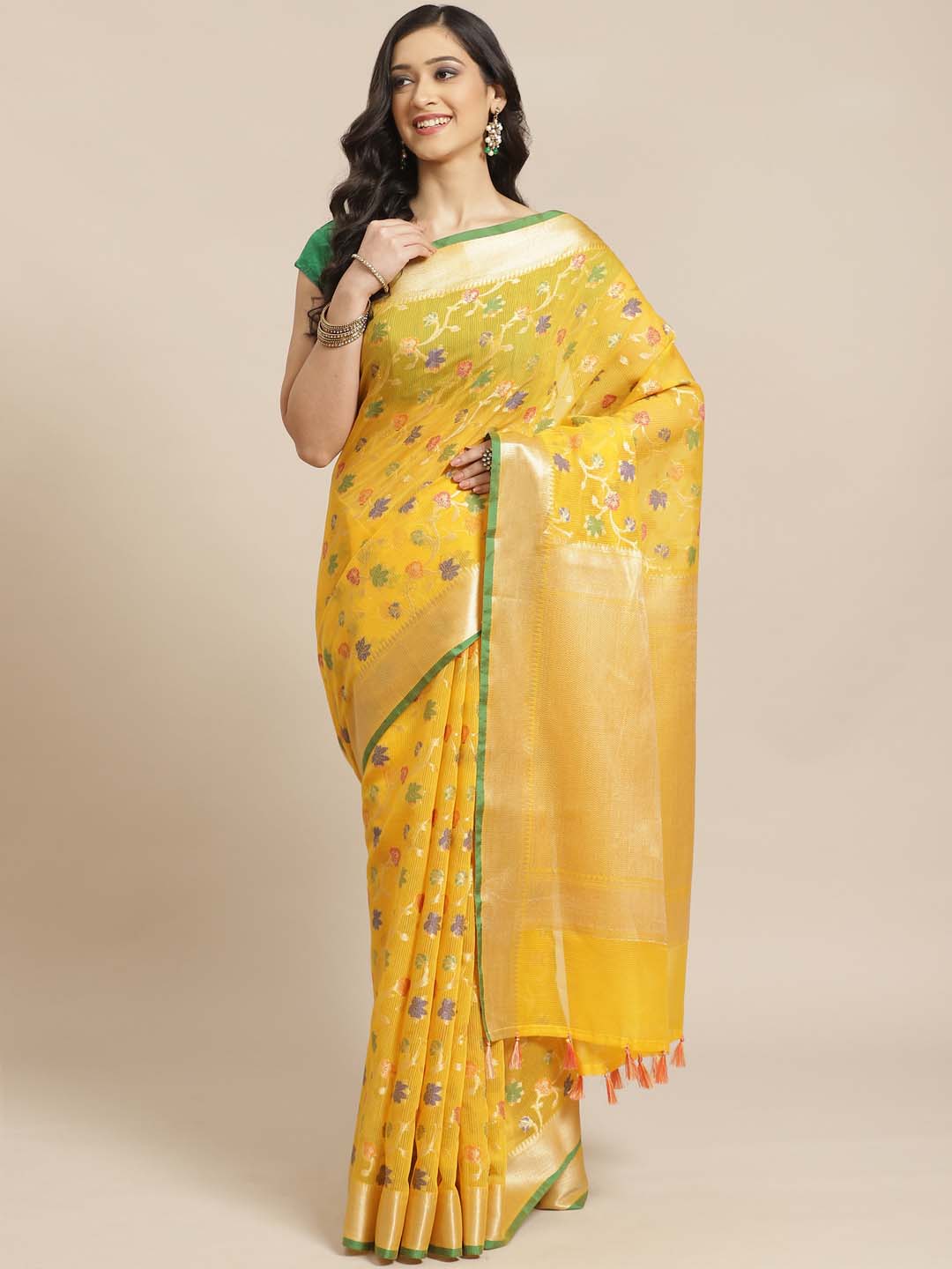 Indethnic Banarasi Yellow Woven Design Daily Wear Saree - View 1