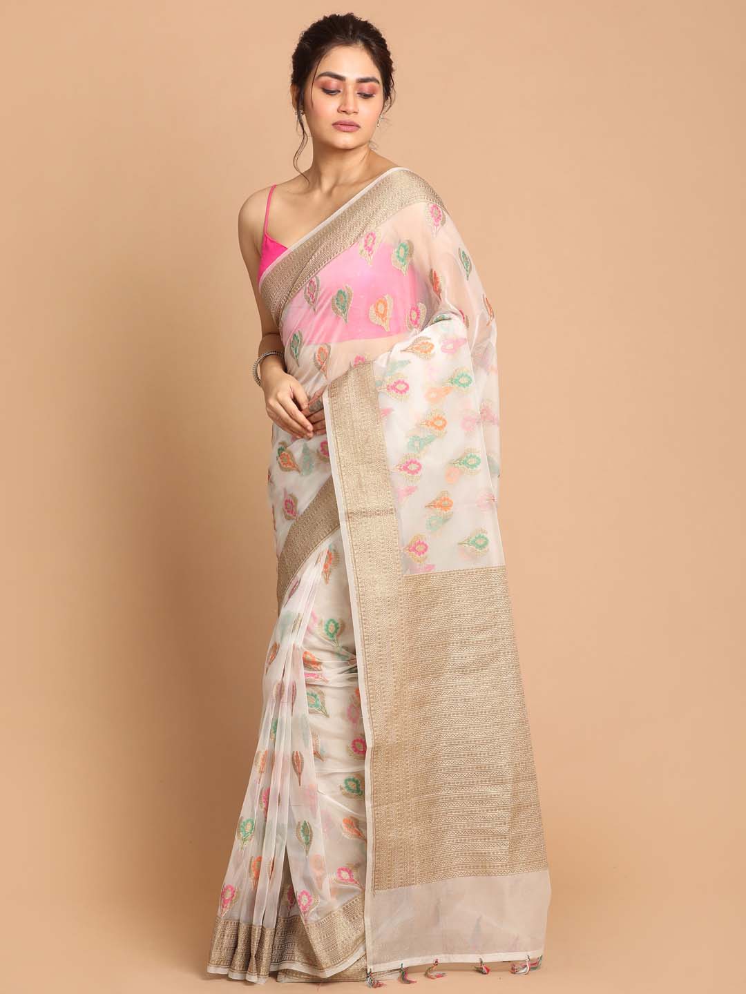 Indethnic Banarasi White Woven Design Festive Wear Saree - View 2