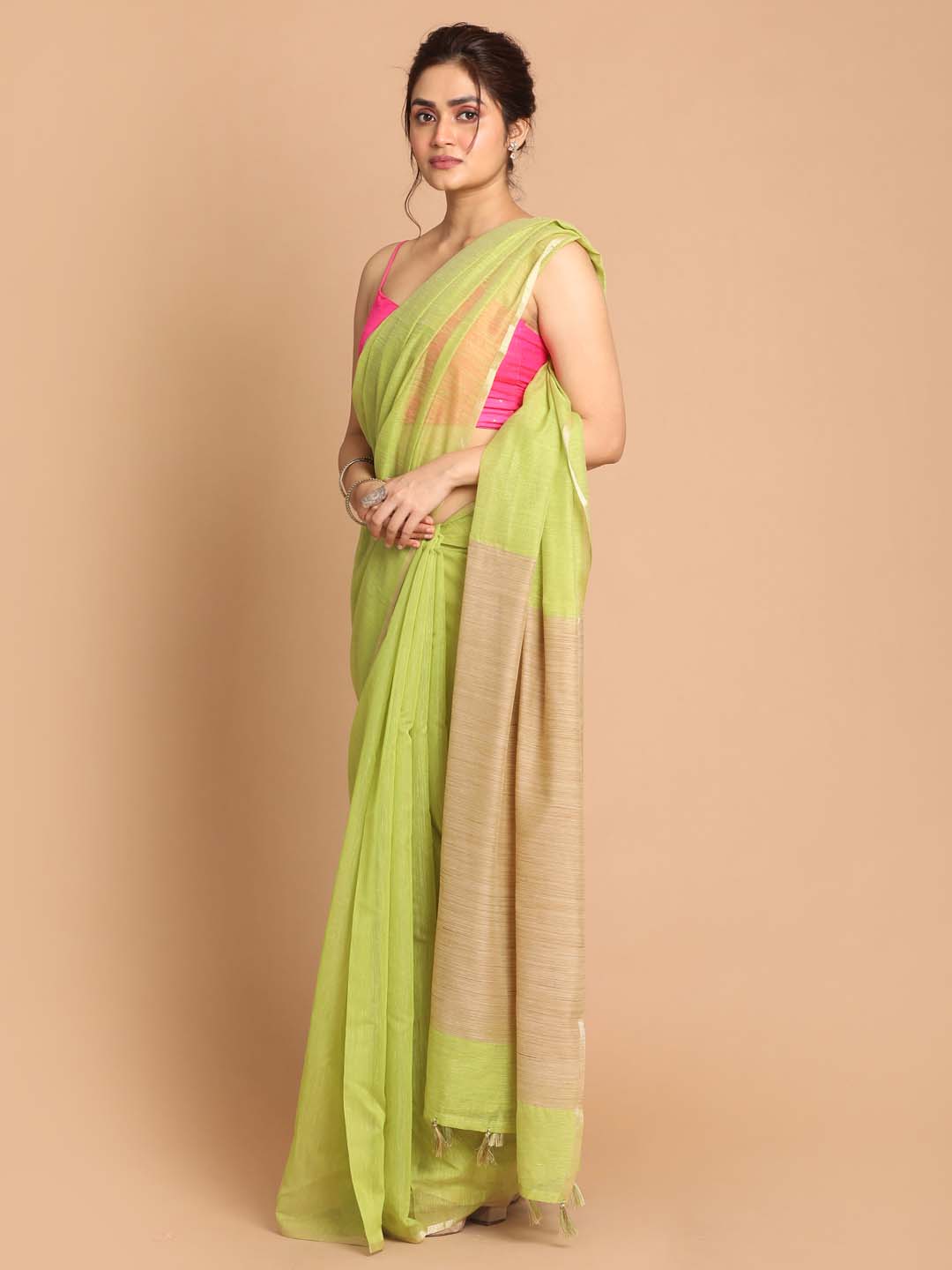 Indethnic Banarasi Lime Green Solid Daily Wear Saree - View 2