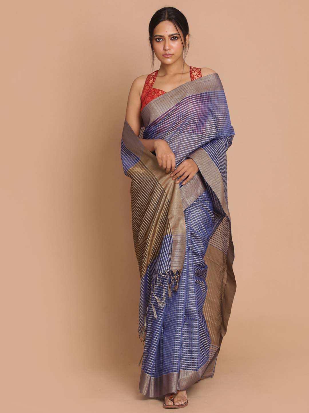 Indethnic Banarasi Navy Blue Checked Daily Wear Saree - View 1