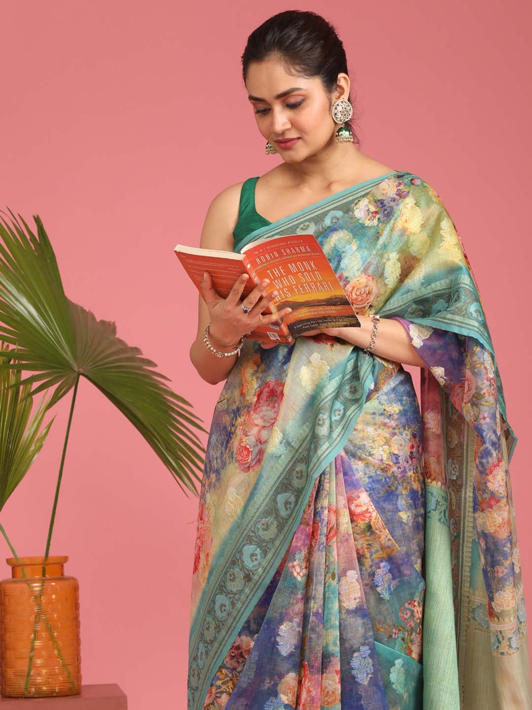 Indethnic Banarasi Blue Abstract Printed Party Wear Saree - View 2