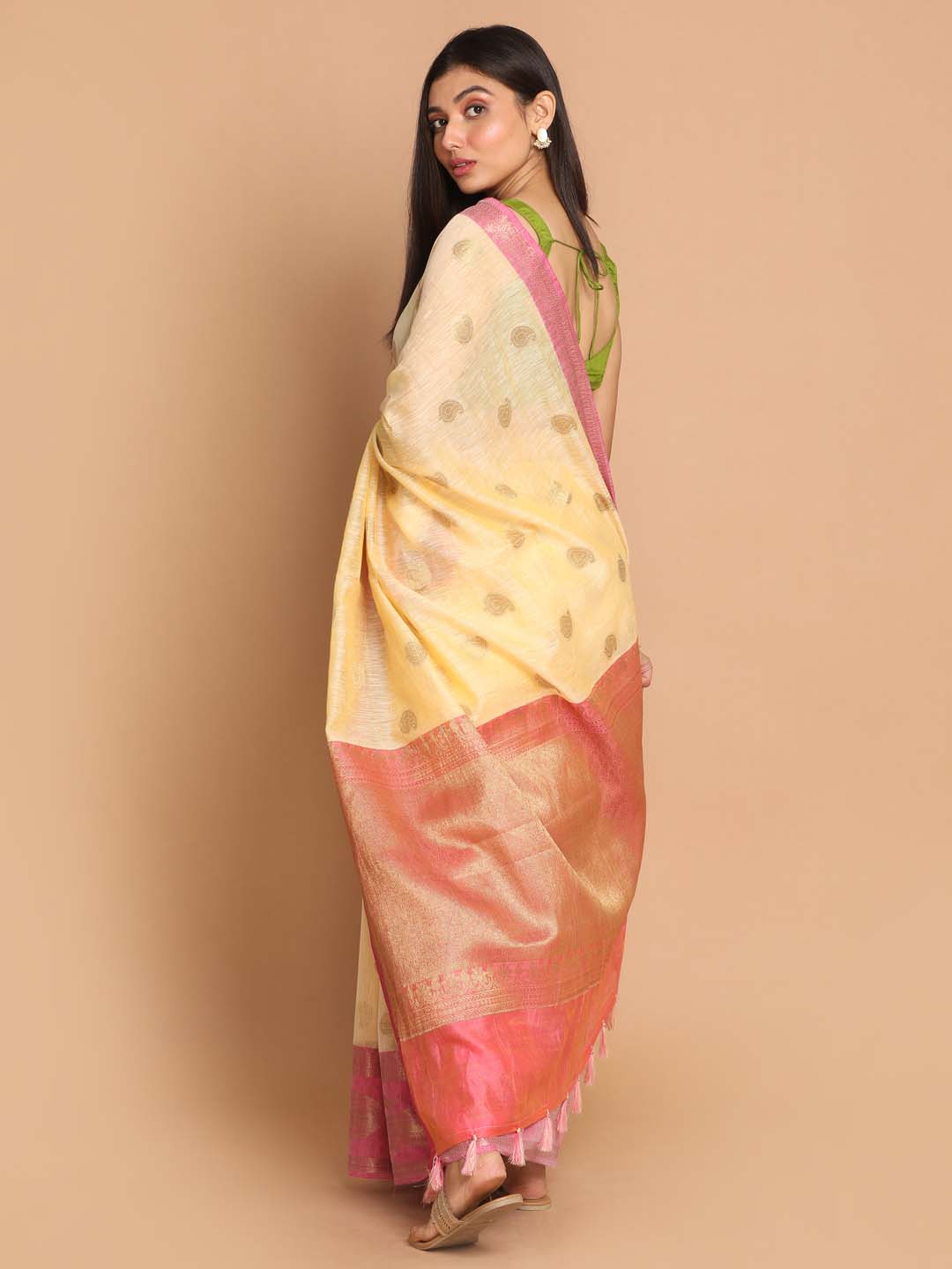 Indethnic Banarasi Beige Woven Design Work Wear Saree - View 3