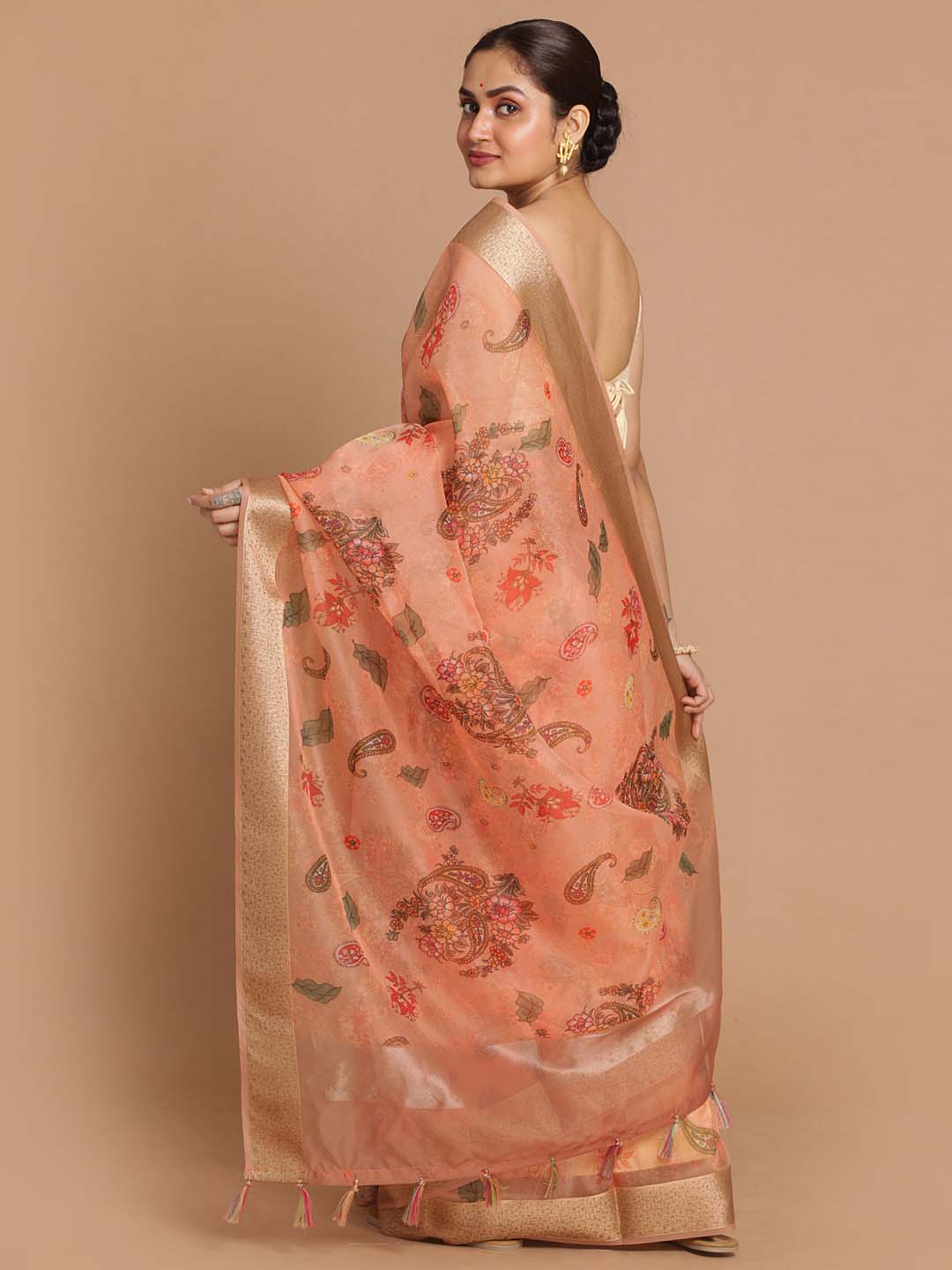 Indethnic Banarasi Orange Printed Party Wear Saree - View 3